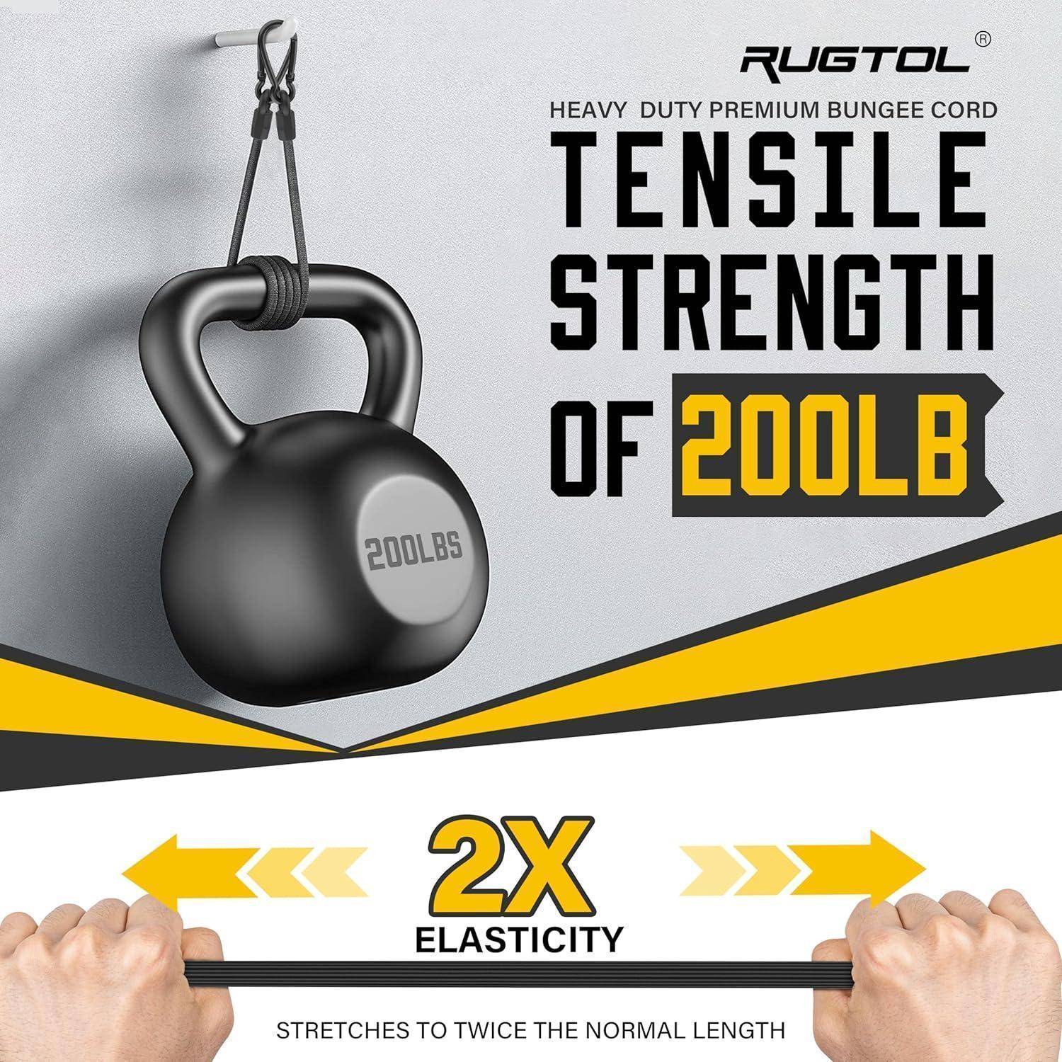 Werbegrafik eines schwerlastigen Bungee-Seils, das eine 200 Pfund schwere Kettlebell hebt, mit Hervorhebung der „Zugfestigkeit von 200 Pfund