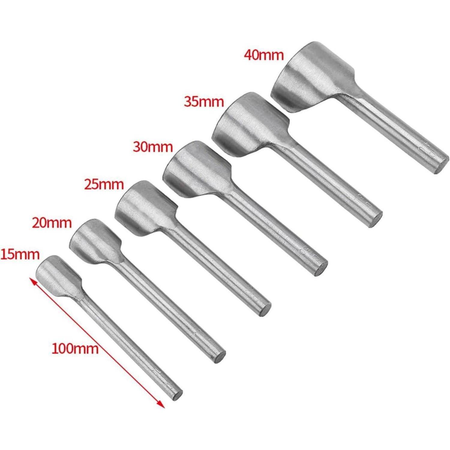 Diagramm von sechs Metallstanzwerkzeugen mit den Bezeichnungen 15mm, 20mm, 25mm, 30mm, 35mm und 40mm; eines ist mit einem Pfeil mit 100mm Länge gekennzeichnet.