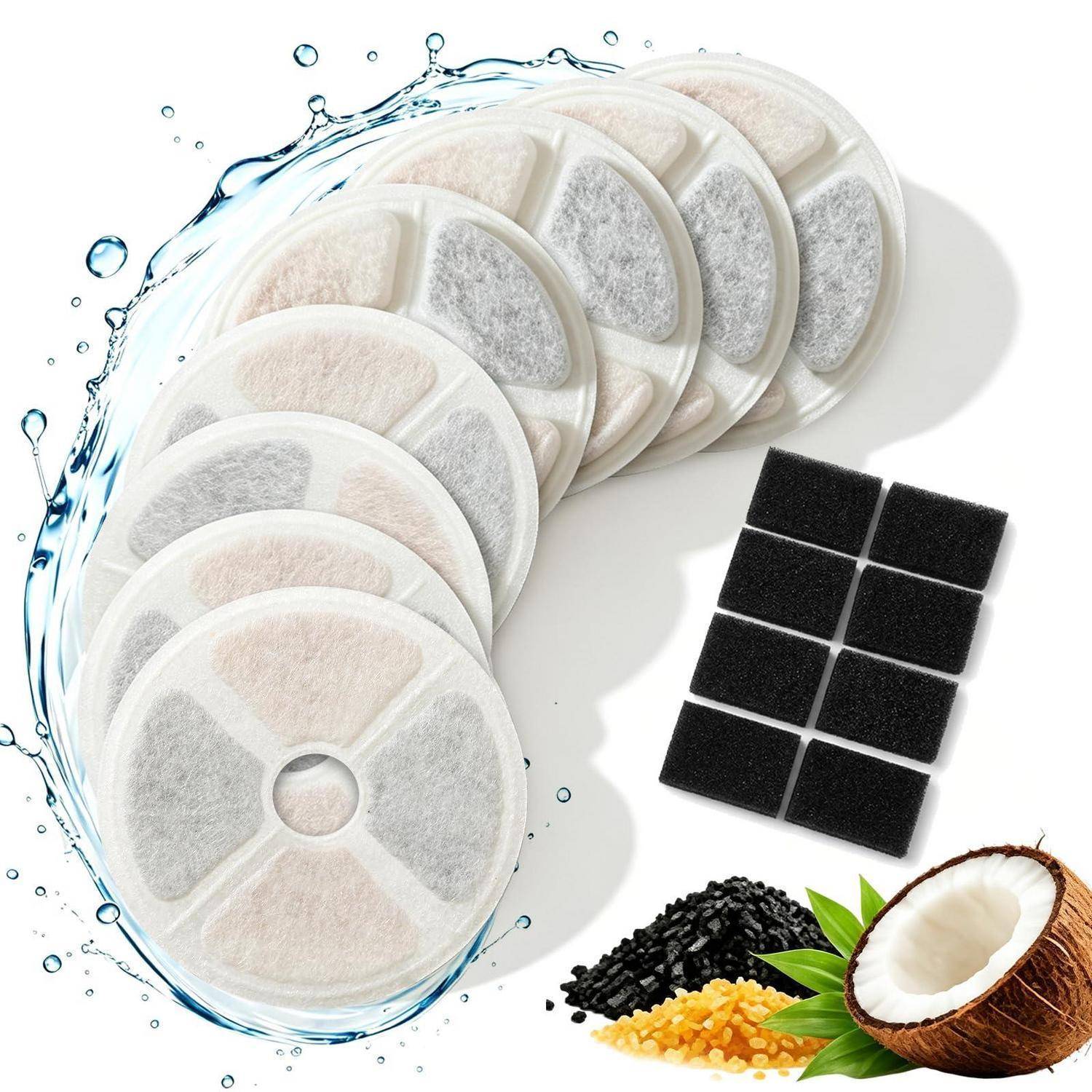 Kreisförmige Filterpatronen und schwarze Schaumstoffpolster mit Aktivkohle und Kokosnussstücken, dargestellt als Filtrationskomponenten in einer Wasserspritzerkomposition.