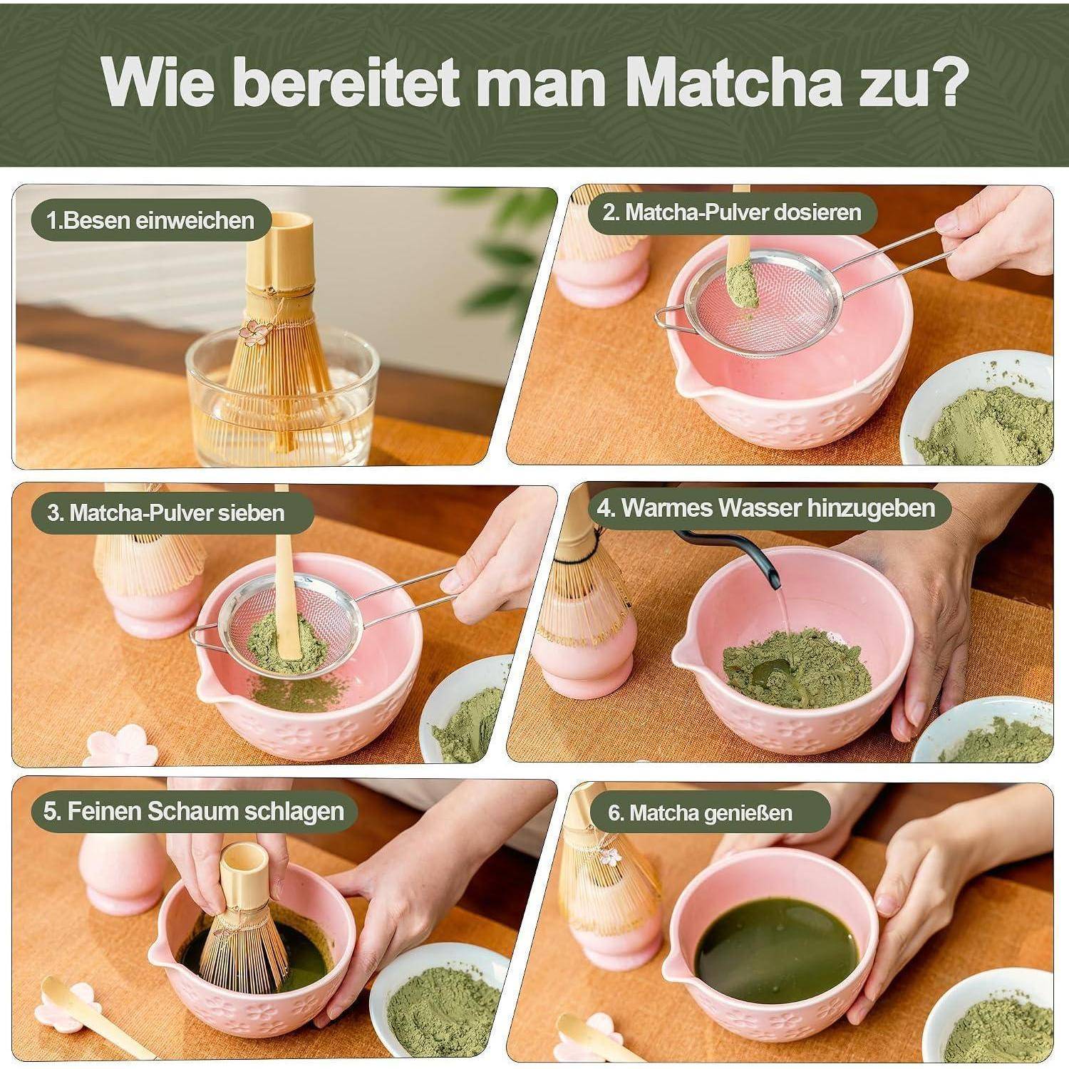 Infografik mit dem Titel „Wie bereitet man Matcha zu?" mit sechs Schritten: Besen einweichen, Matcha-Pulver dosieren und sieben, warmes Wasser hinzufügen, zu Schaum schlagen und das Getränk genießen.