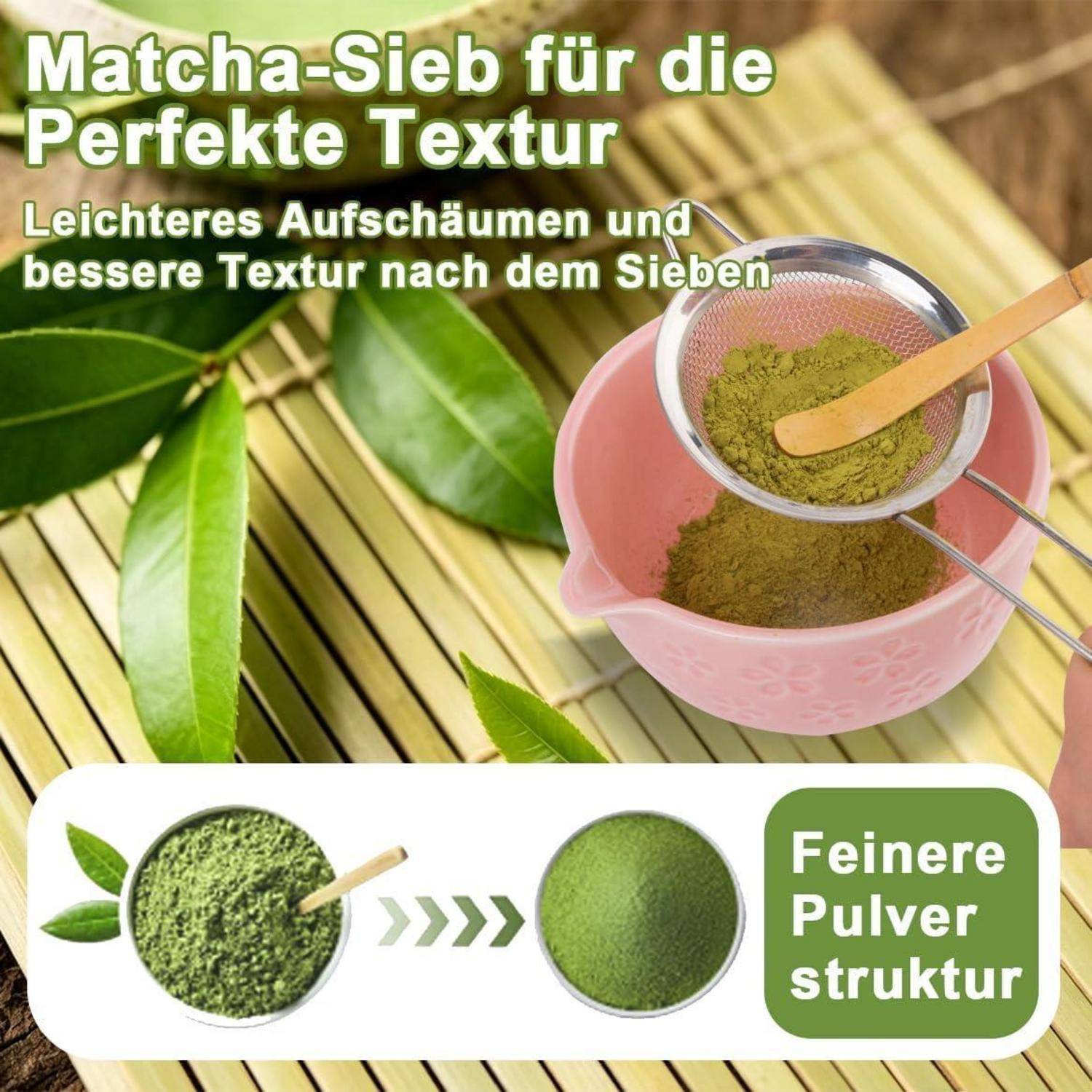 Matcha Set 7-Teilig aus Keramik mit Bambus Besen Chasen | Matcha Schale mit Ausgießer, Keramik Besenhalter, Sieb, Löffel, Teetuch, Japanisches Match