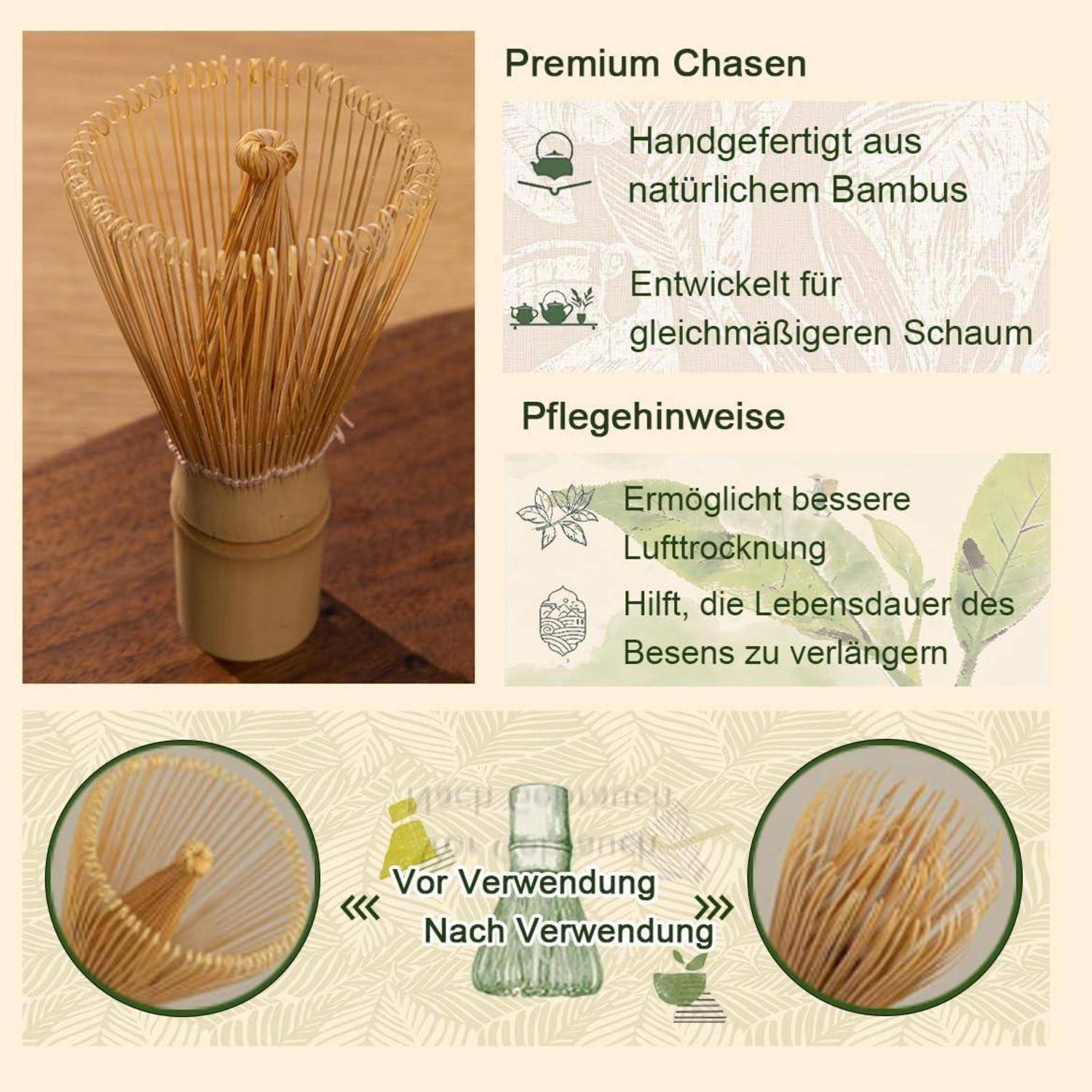 Produktgrafik mit einem Bambusbesen/Matcha-Besen mit deutschem Text: 'Premium Chasen', handgefertigt aus natürlichem Bambus, entwickelt für gleichmäßigeren Schaum und einfacheres Trocknen.