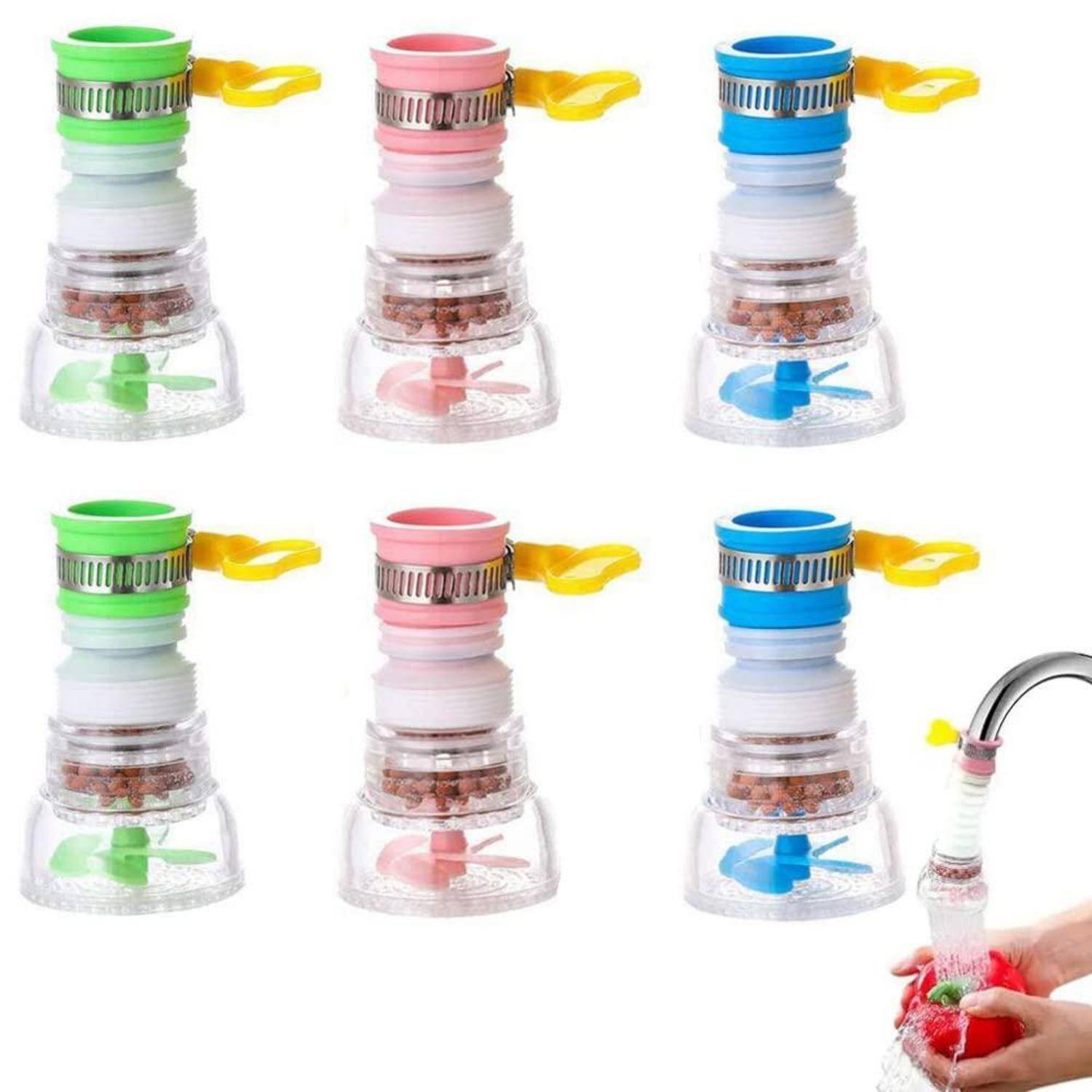 Collage aus sechs tragbaren Mini-Mixer-Flaschen in Grün, Rosa und Blau, plus eine Nahaufnahme von Händen, die Erdbeeren unter einem Wasserhahn spülen.