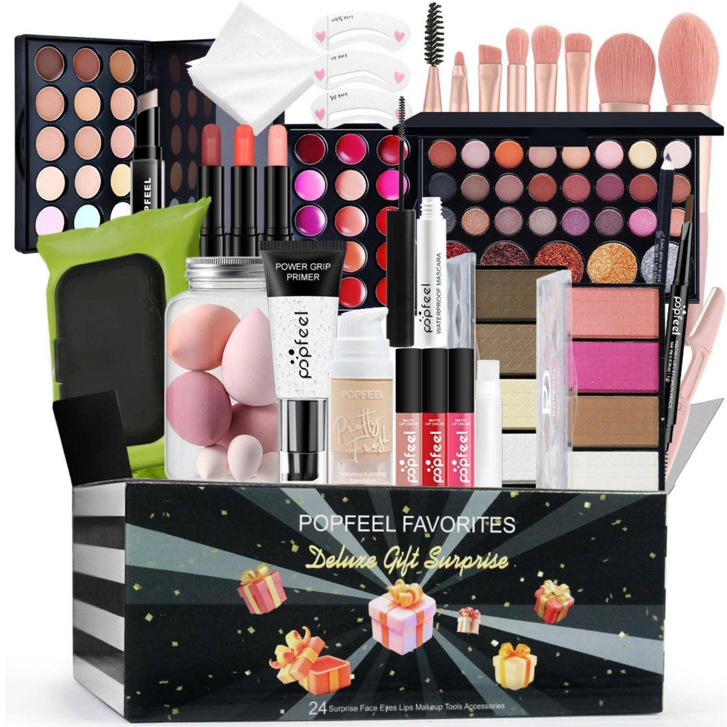 Gemischtes Popfeel-Make-up-Geschenkset mit Lidschatten-Paletten, Pinseln, Schwämmen, Primer, Lippenstiften und Nagel-Werkzeugen in einer luxuriösen „Popfeel Favorites