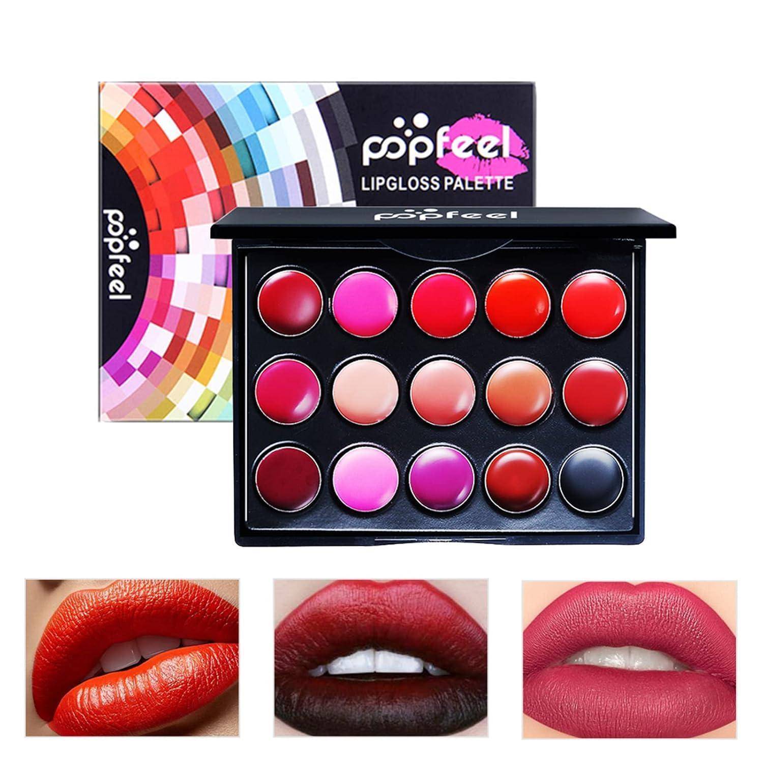Popfeel Lippglanz-Palette mit 15 Farbtönen in einem schwarzen Behälter, gezeigt mit Verpackung und drei Lippenmuster, die rote, tiefe Burgunderrot- und Rosa-Oberflächen demonstrieren.