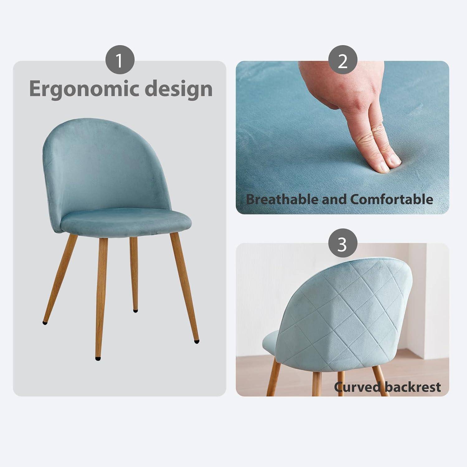 Dreiteiliges Produktbild eines hellblauen gepolsterten Stuhls mit ergonomischem Design, atmungsaktivem, bequemem Stoff und geschwungener Rückenlehne.