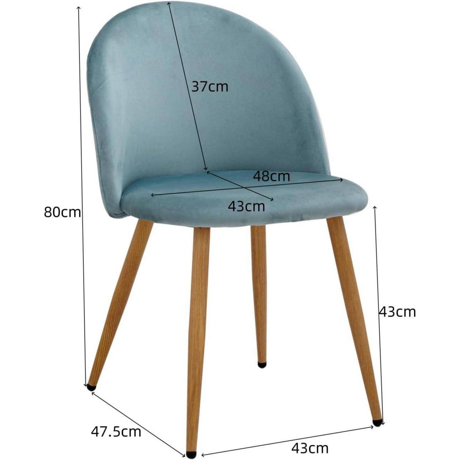 Blauer Polsterstuhl mit Holzbeinen, gezeigt mit Abmessungen: 80 cm Höhe, 48 cm Sitzbreite, 43 cm Sitztiefe, 43 cm Sitzhöhe, 47,5 cm Beinabstand, 37 cm Rückenlehnen-höhe.