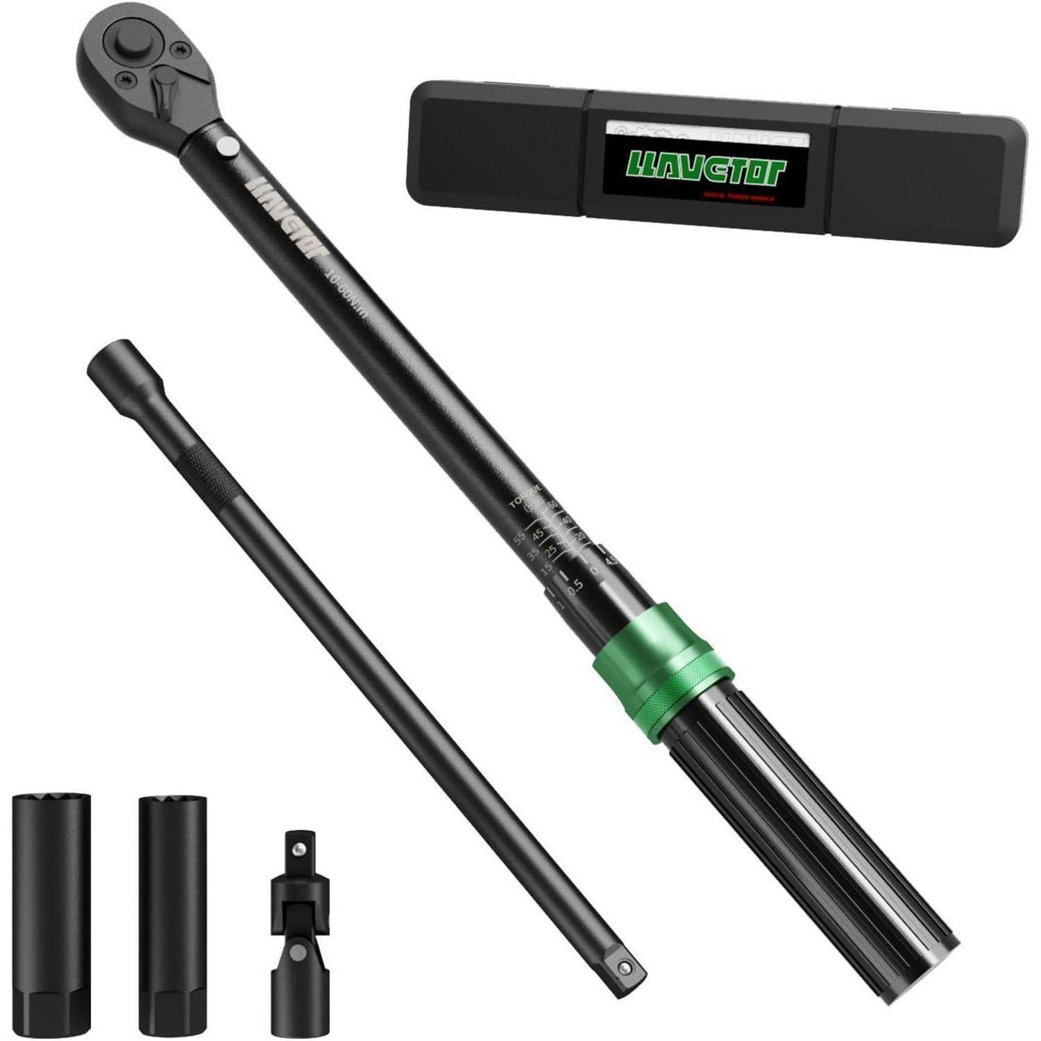 LLAVETOR 3/8 Zoll-Antrieb Click-Drehmomentschlüsselsatz, 5-60NM Drehmomentschlüssel 5tlg. Set 125mm Verlängerungsstange, 2 Zündkerze, 1 x Kardang