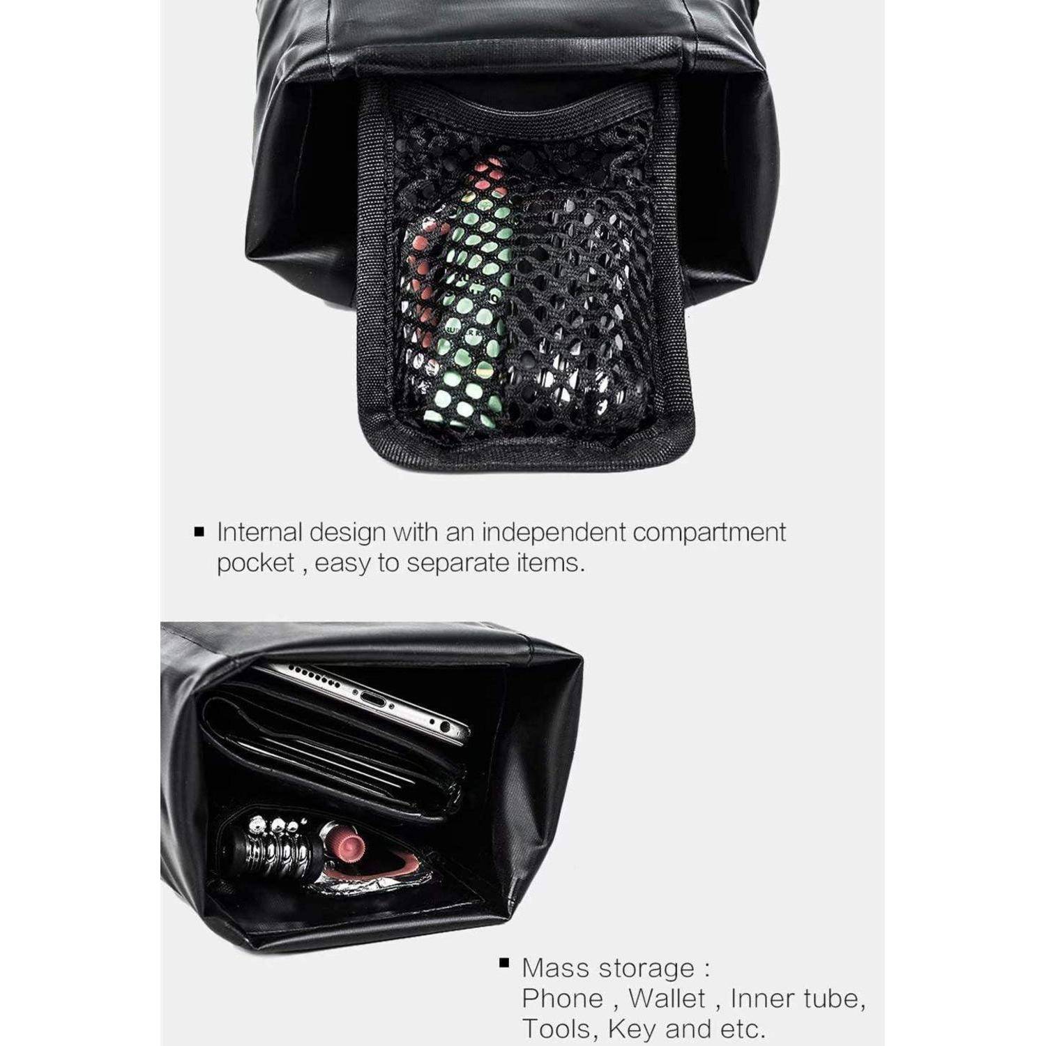 Produktbild einer schwarzen Roll-Top-Tasche, die eine innere Netztasche und ein Hauptfach zeigt, in dem ein Telefon, eine Geldbörse und Werkzeuge aufbewahrt werden, mit Text über separate Aufbewahrung.