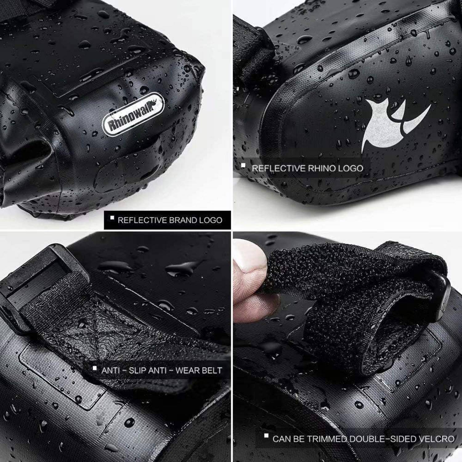 Collage von Details einer schwarzen wasserdichten Fahrradsatteltasche, die das reflektierende Rhino-Logo, die reflektierende Markenbezeichnung, den rutschfesten und verschleißfesten Riemen und das zuschneiderbare doppelseitige Klettverschluss-Trim zeigt.