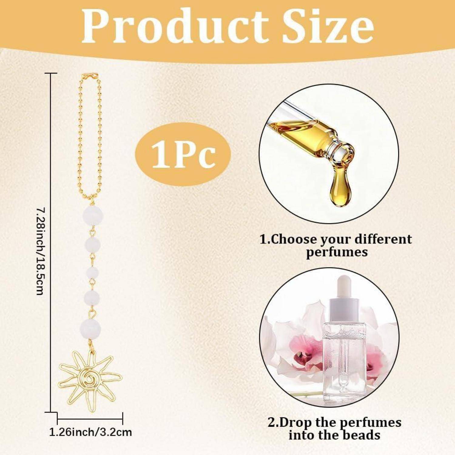 Produktgröße-Infografik mit einem Parfum-Diffuser-Halskette, 7,28 Zoll lang und 1,26 Zoll breit, mit Schritten: Wählen Sie Düfte aus, lassen Sie sie dann in die Perlen fallen.