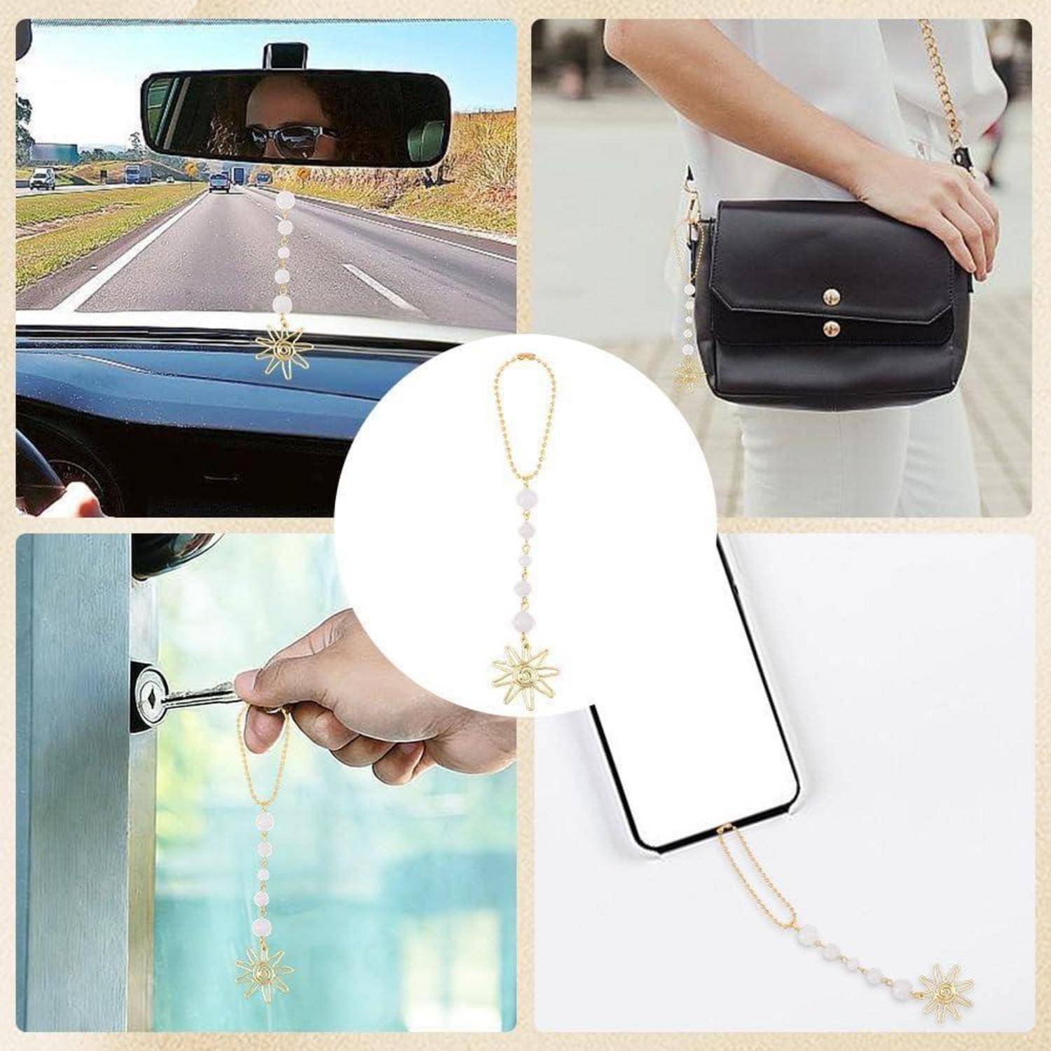 Collage zeigt eine Perlmutt- und Goldsternen-Charm-Kette, die als Autoinnenspiegelanhänger, Taschenzubehör, Schlüsselanhänger und Handy-Charm verwendet wird.