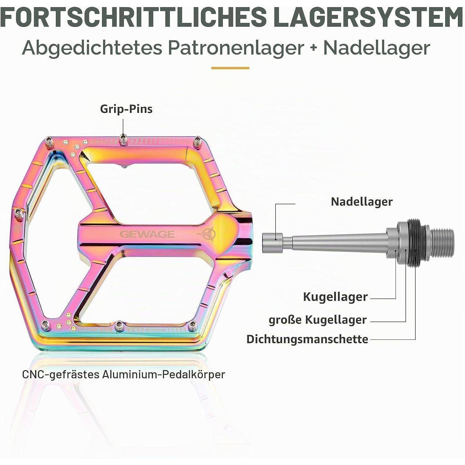 GEWAGE MTB Pedale Profi-Edition–CNC-Aluminium, 9/16″ Chromoly-Achse,ultraflaches Design ohne Endkappe, extra großem abgedichtetem Kugellager+Nade