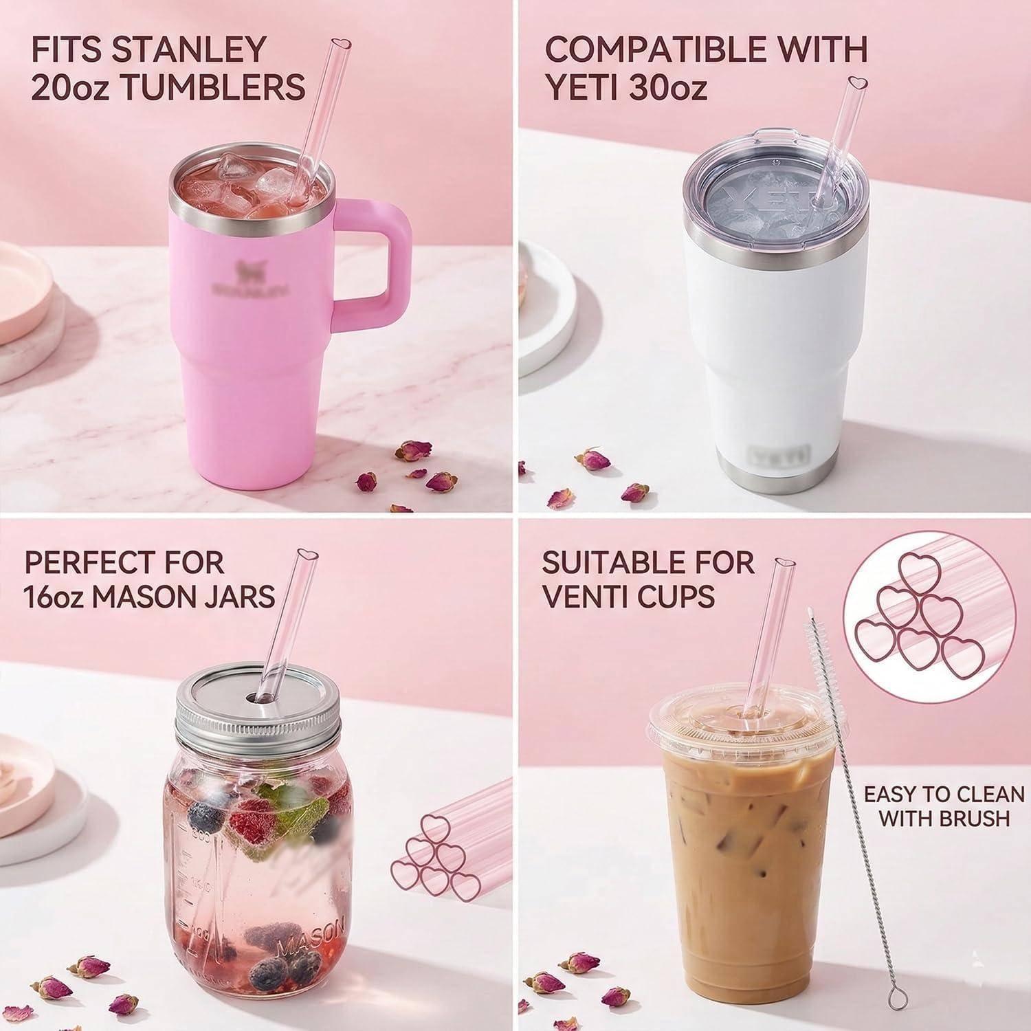 ALINK 6 Pack herzförmige Strohhalme für Stanley Cup, 22,5 cm lange wiederverwendbare Strohhalme mit Reinigungsbürste, passend für 20 oz Becher, Ge