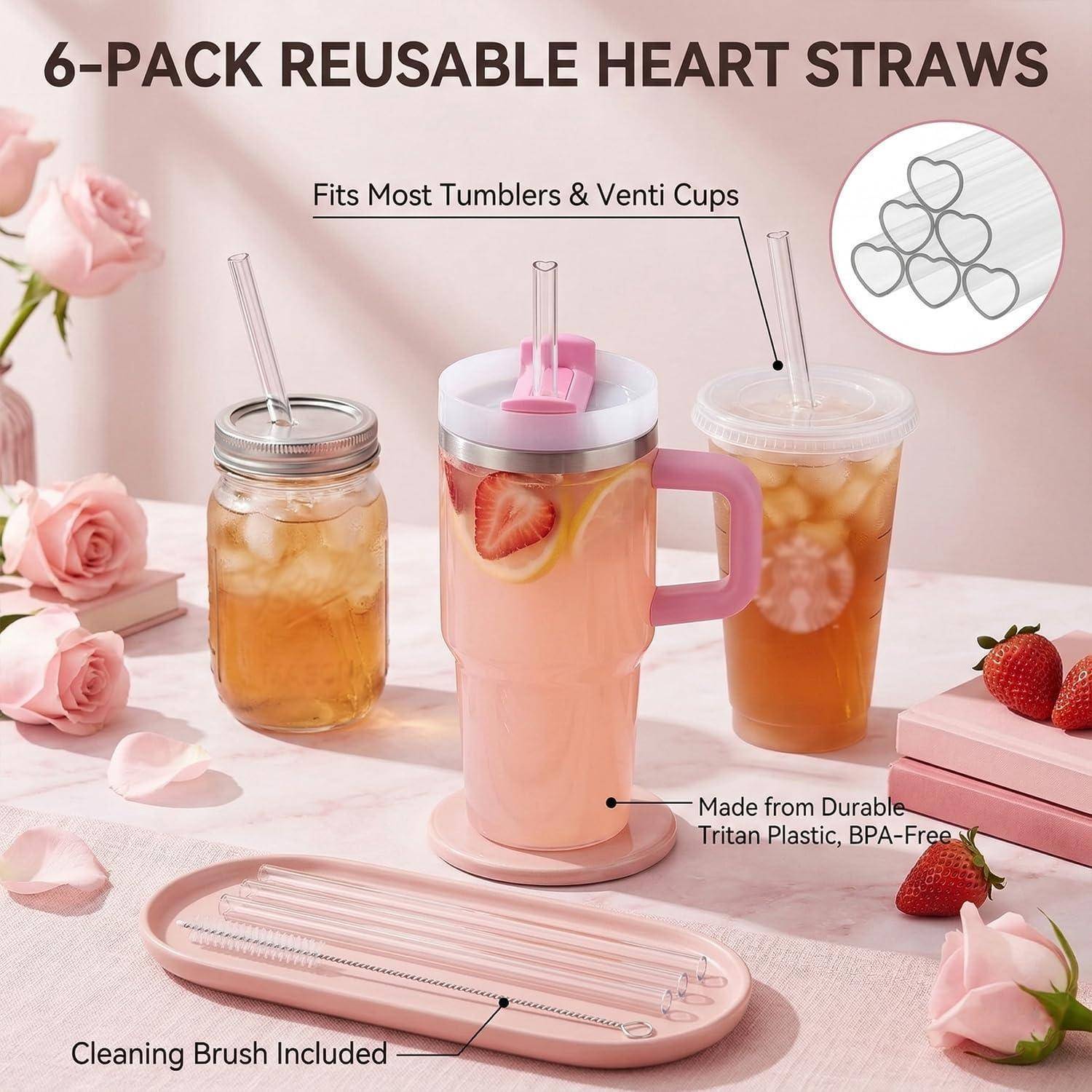 ALINK 6 Pack herzförmige Strohhalme für Stanley Cup, 22,5 cm lange wiederverwendbare Strohhalme mit Reinigungsbürste, passend für 20 oz Becher, Ge