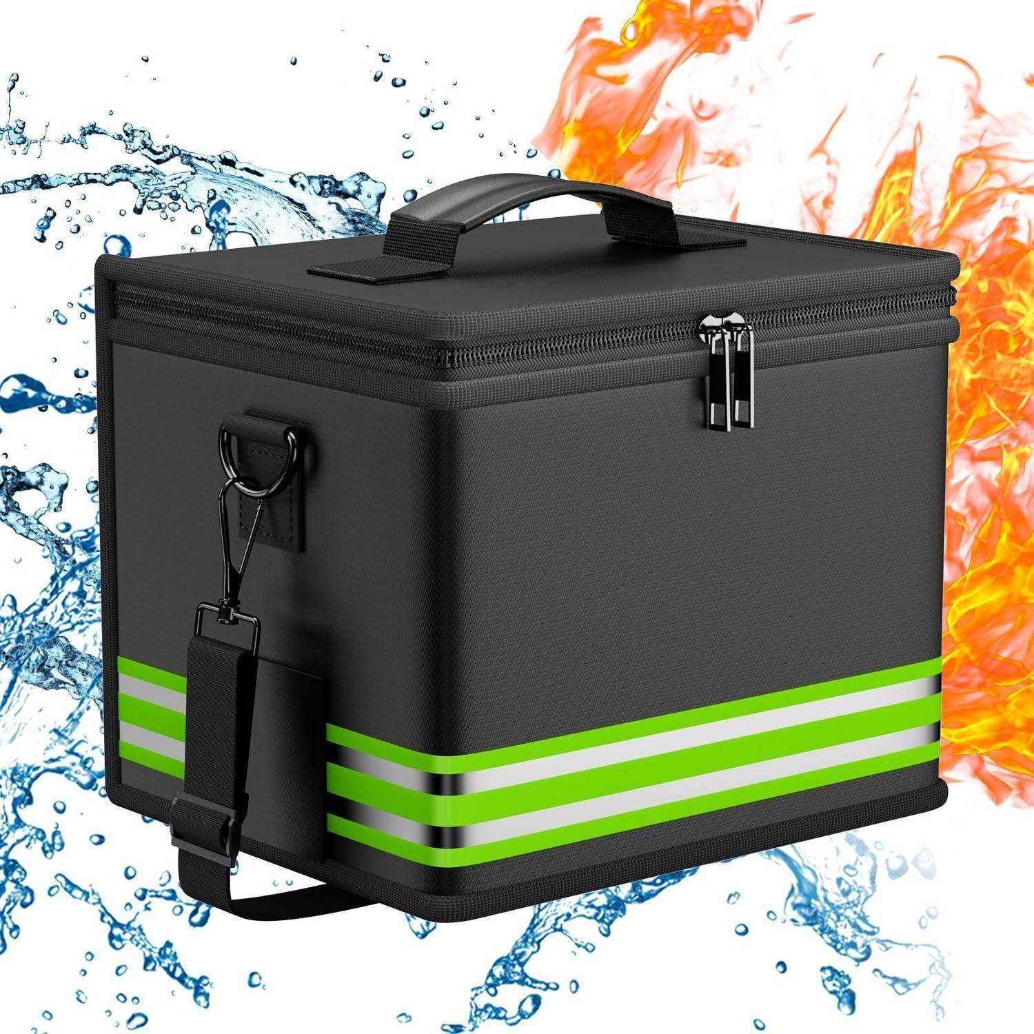 Schwarze isolierte Kühlertasche mit Griff und Reißverschluss, gezeigt vor spritzenim Wasser und Flammen, um Temperaturbeständigkeit zu suggerieren.