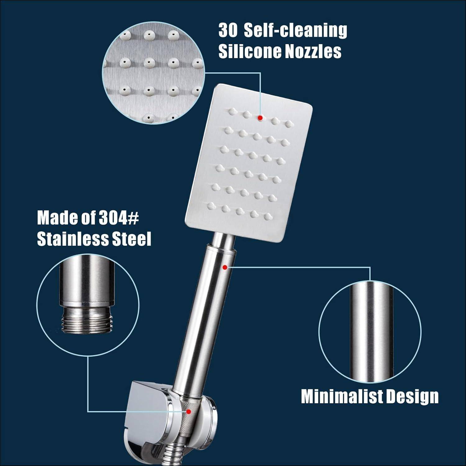 Handbrause Komplett aus Metall, Hochdruck-Duschköpfe von Voolan, Einfache Handbrause aus Nickel Gebürstet mit Teflonband, Hoher Durchfluss auch bei
