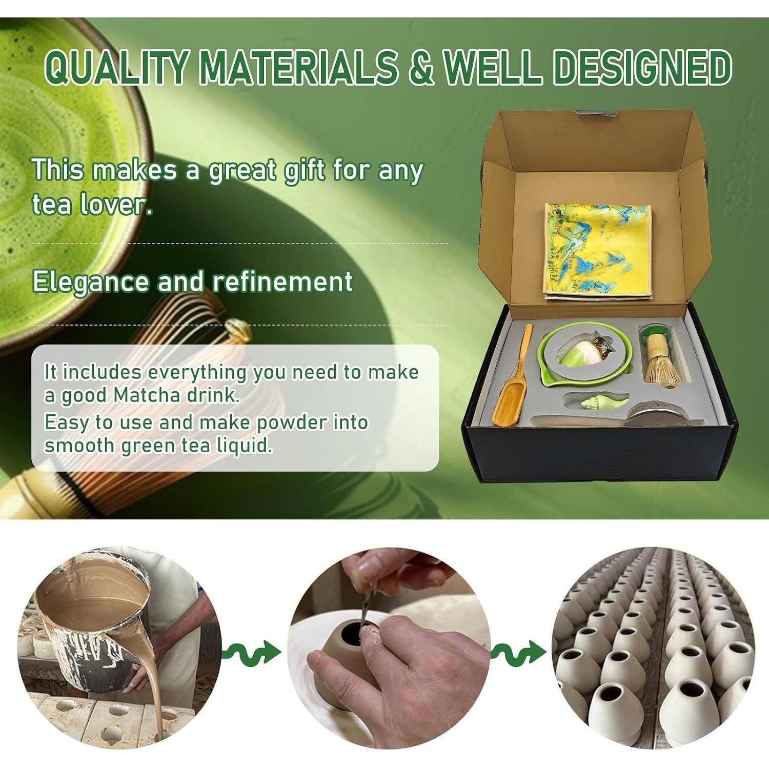 Werbebild eines Matcha-Tee-Geschenksets in einer Box mit Schneebesen, Löffel, Schale und Teebehälter; der Text besagt „Hochwertige Materialien & durchdacht gestaltet