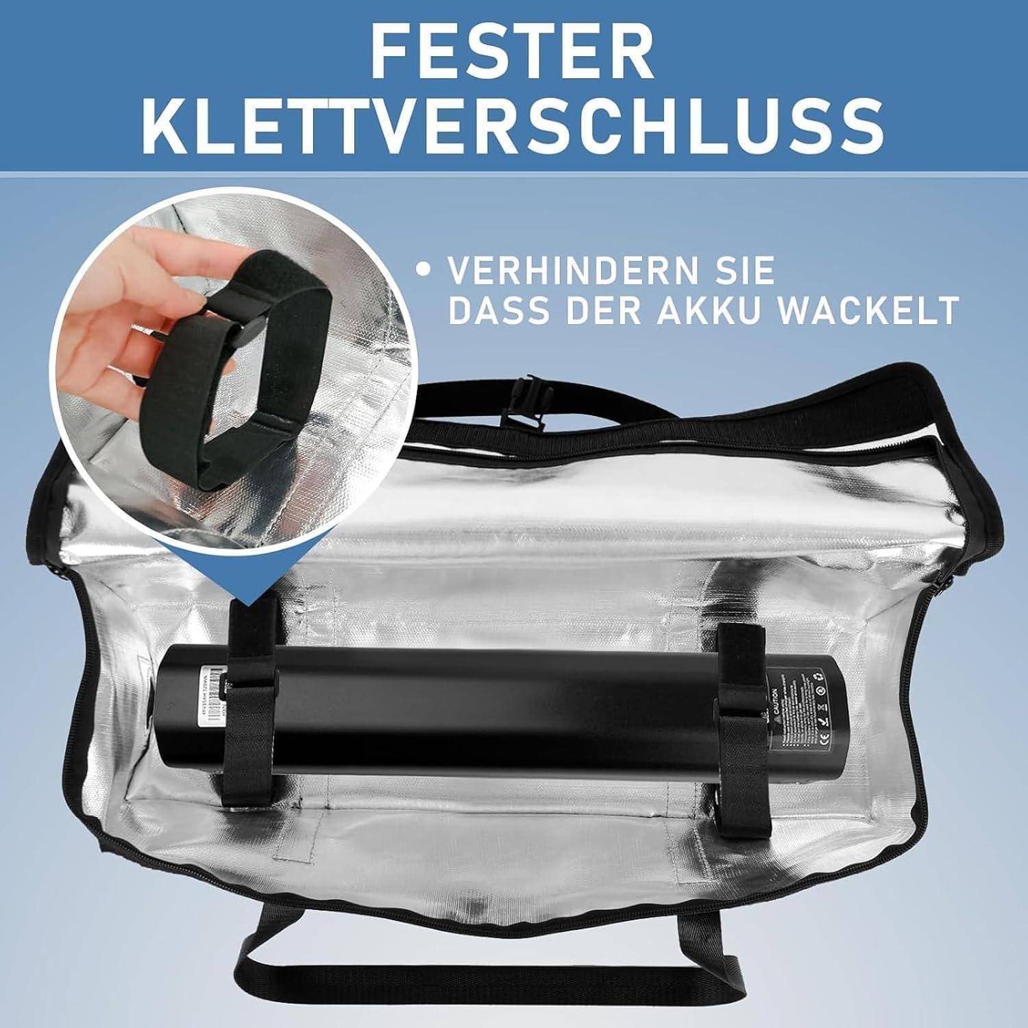 Isolierte Akkutasche mit Klettverschluss und Gurten zur Sicherung eines Akkus; deutscher Text sagt „FESTER KLETTVERSCHLUSS" und „VERHINDERN SIE DASS DER AKKU WACKELT"".