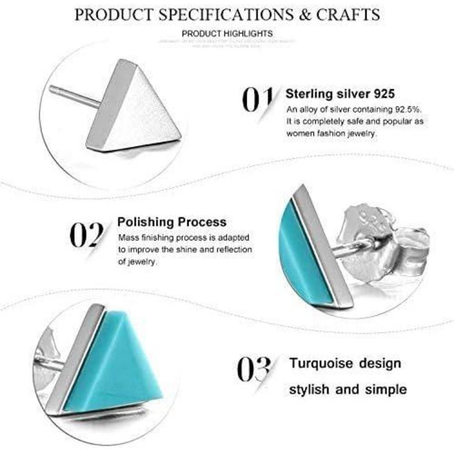 Produktspezifikationen Infografik für einen dreieckigen Ohrring: Sterlingsilber 925, polierte Oberfläche, Türkis-Design, mit drei hervorgehobenen Funktionsbildern.