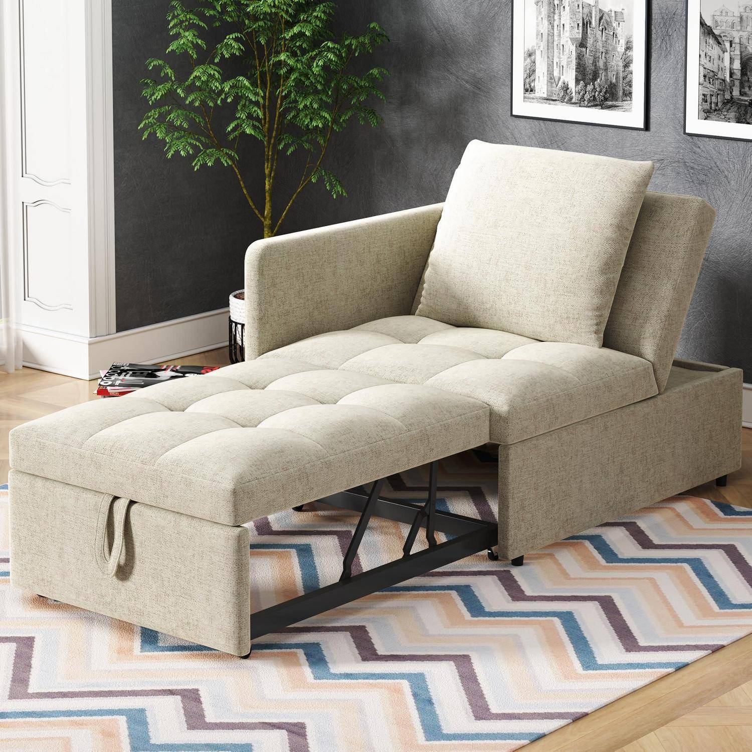 Beige gepolsterte Chaiselongue mit verstellbarer Rückenlehne und verstautem Stauraum, gezeigt in einem modernen Wohnzimmer auf einem gemusterten Teppich.