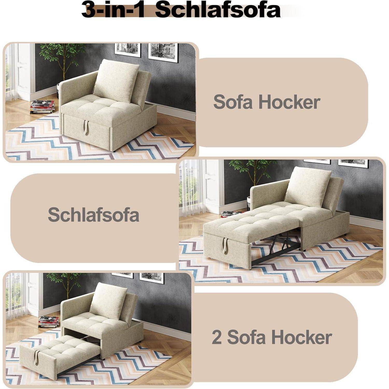 3-in-1 Schlafsofa in drei Konfigurationen dargestellt: Sofa-Ottomane, Schlafsofa und zwei Ottomanen.