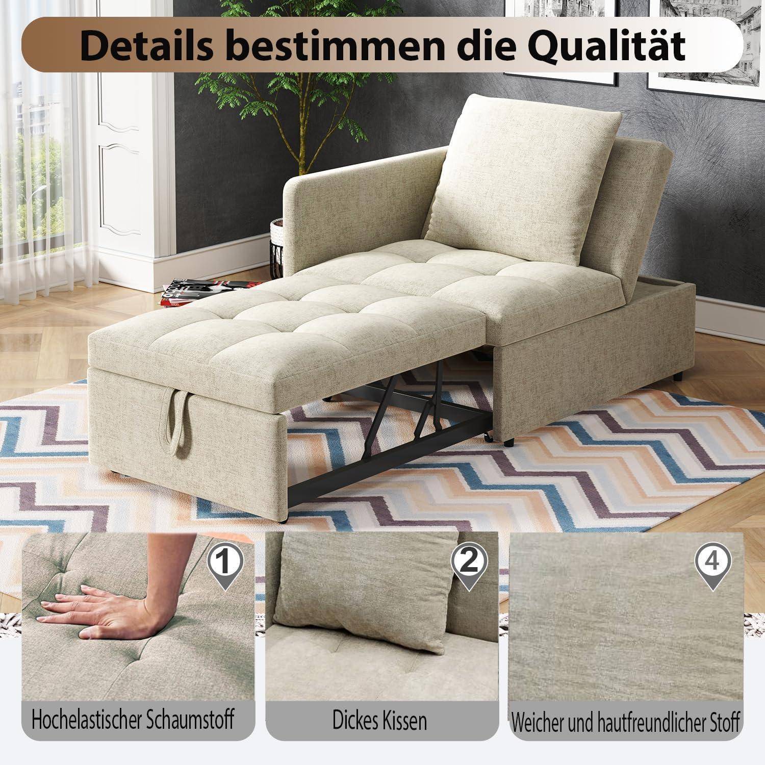 Werbebild eines beige gepolsterten Chaiselongue-Bettes; deutscher Text sagt „Details bestimmen die Qualität
