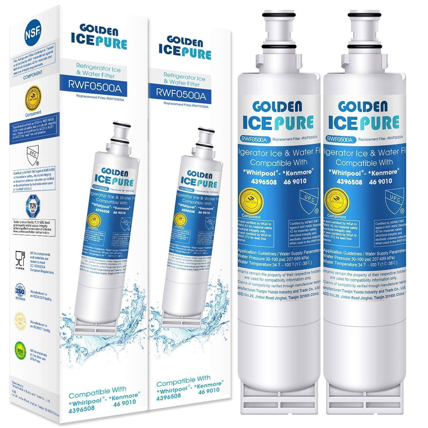 Goldener Icepure RWF0500 Kühlschrank-Eis- und Wasserfilterkartuschen-Verpackung, gezeigt in Karton- und Flaschenformen, kompatibel mit Whirlpool- und Kenmore-Modellen.