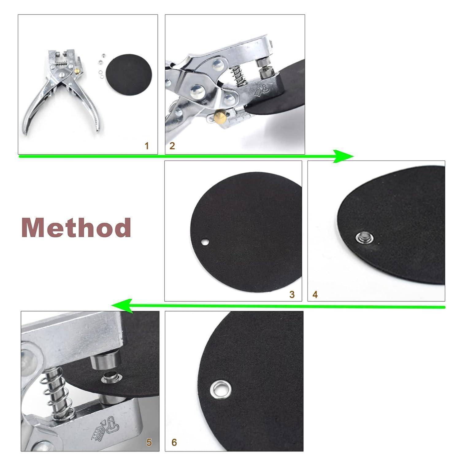 Schritt-für-Schritt-Methodendiagramm, das zeigt, wie ein Handwerkzeug ein Loch in eine schwarze Kreisscheibe stanzt und Metallösen anbringt, mit nummerierten Detailaufnahmen und Pfeilen.