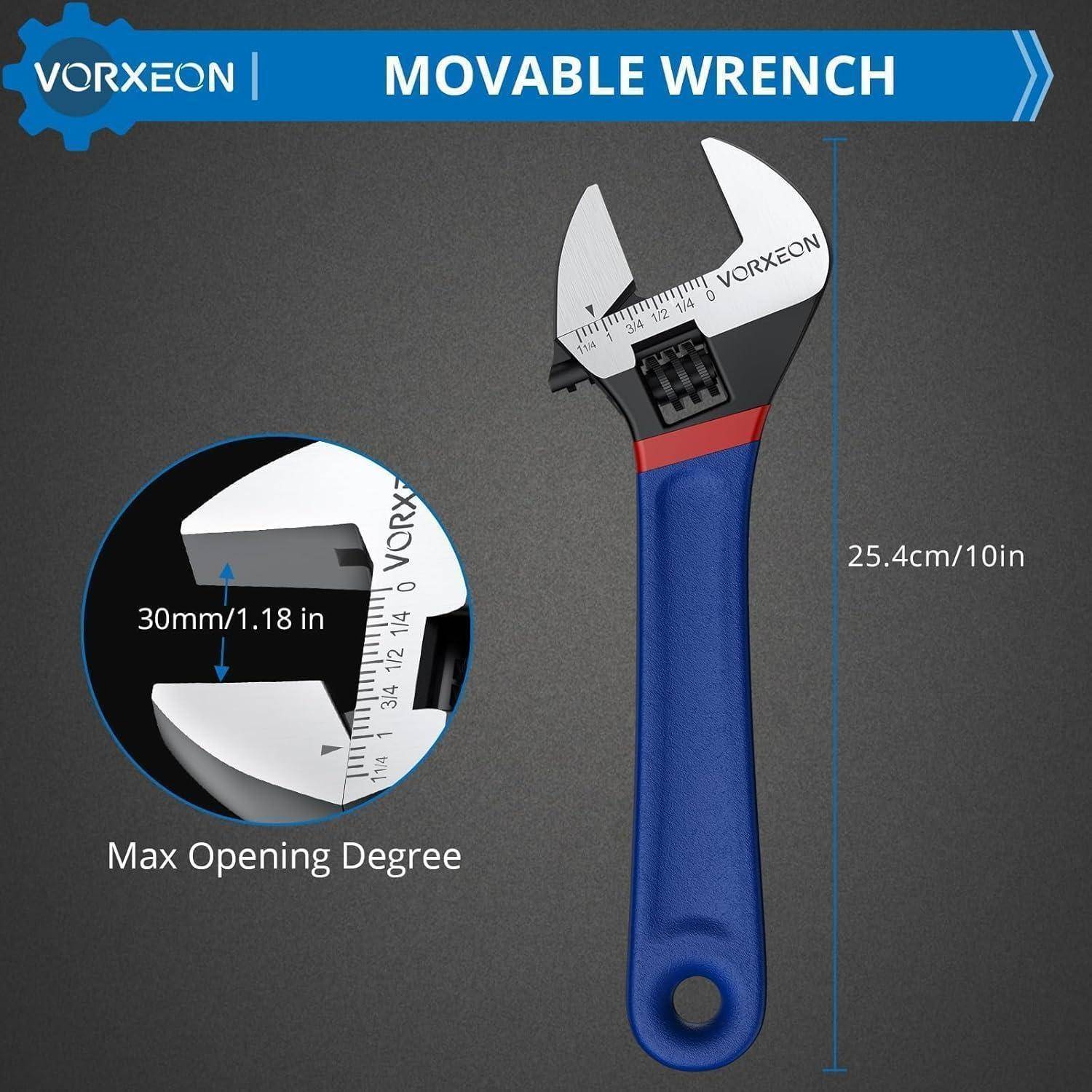 Produktbild eines verstellbaren VORXEON-Schraubenschlüssels mit verstellbaren Backen und gekennzeichneten Abmessungen: 30 mm maximale Öffnung und 25,4 cm/10 Zoll Länge.