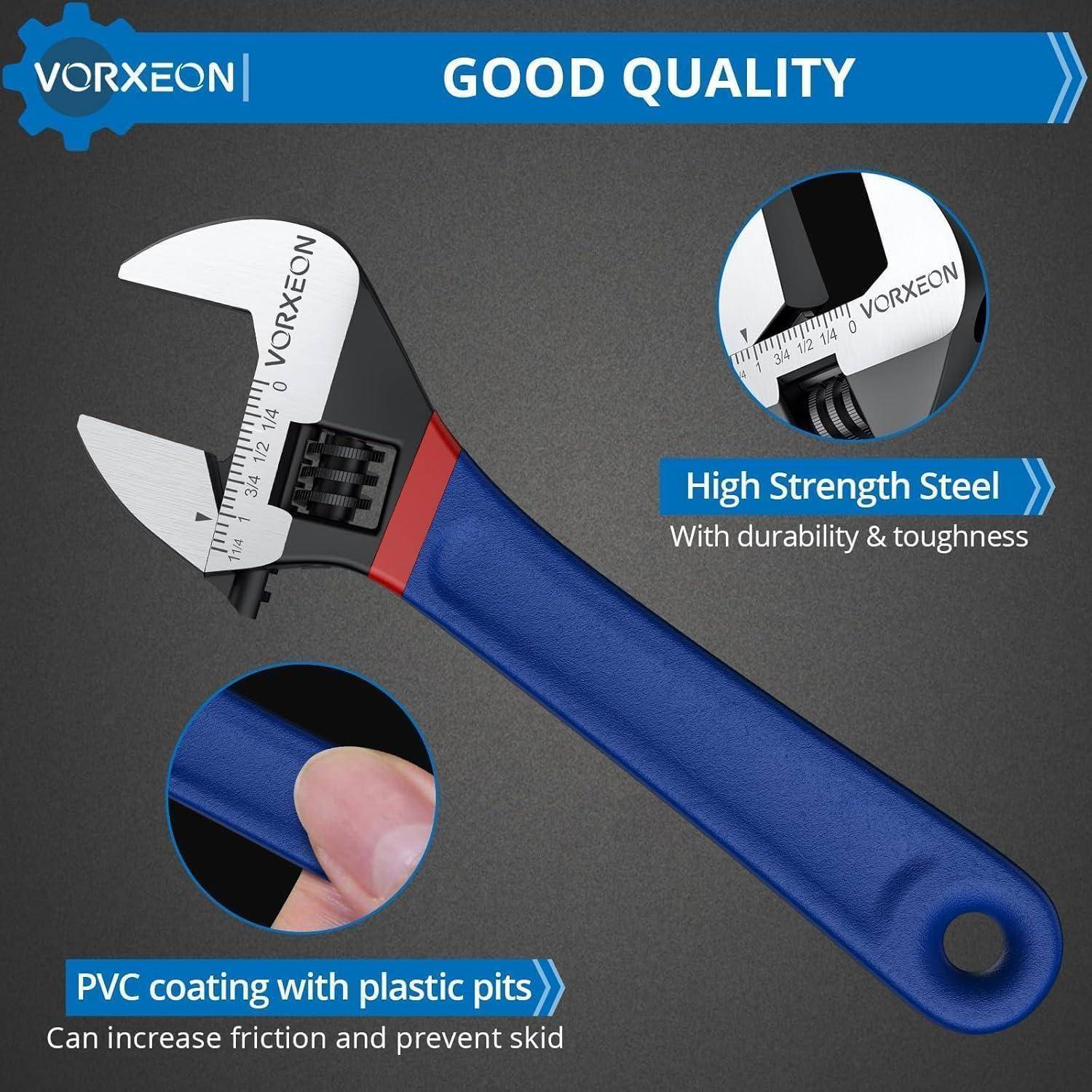 Werbebild eines verstellbaren Schraubenschlüssels mit der Bezeichnung VORXEON, der hochfesten Stahl und einen blau beschichteten PVC-Griff zur besseren Griffigkeit hervorhebt.