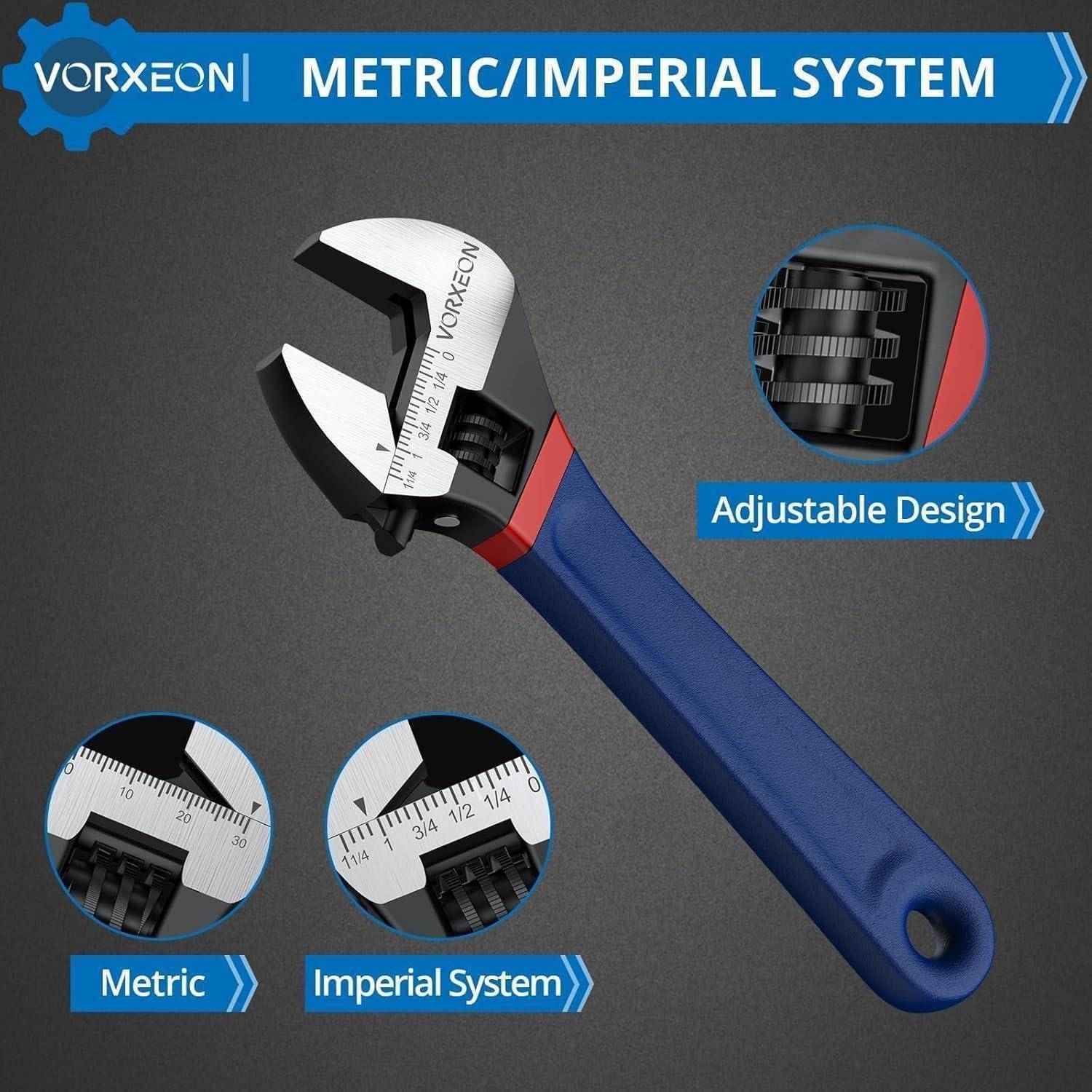 Anzeige für einen VORXEON Verstellschlüssel mit metrischen und imperialen Messskalen und blauem Griff, mit Hinweisen, die das verstellbare Design hervorheben.