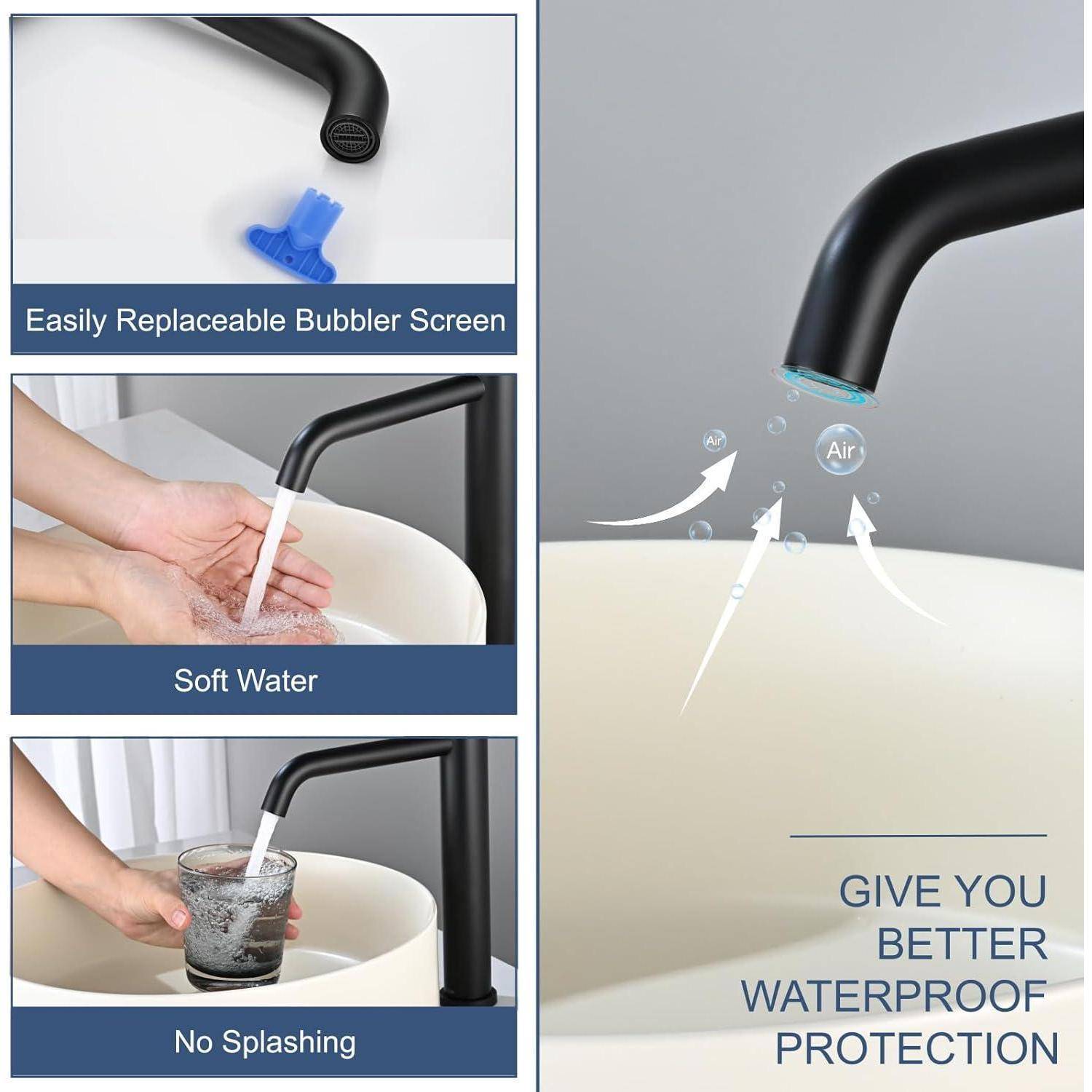 Werbebild eines schwarzen Wasserhahnaerifizierers mit austauschbarem Perlatoreinsatz, das Spritzwasserreduzierung und weicheres Wasser mit wasserdichtem Schutztext zeigt.