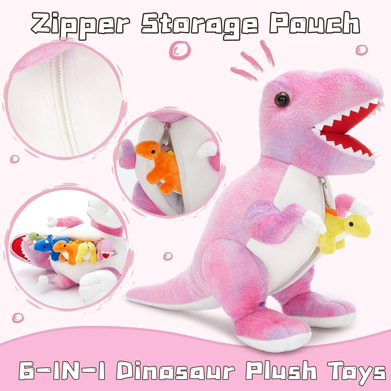 Rosa Dinosaurier-Plüschtier mit Reißverschluss-Aufbewahrungstasche und 6-in-1-Design, gezeigt mit kleinen Spielzeugen, die im Bauch verstaut sind, und dem Text „Reißverschluss-Aufbewahrungstasche" und „6-IN-1-Dinosaurier-Plüschtiere"".