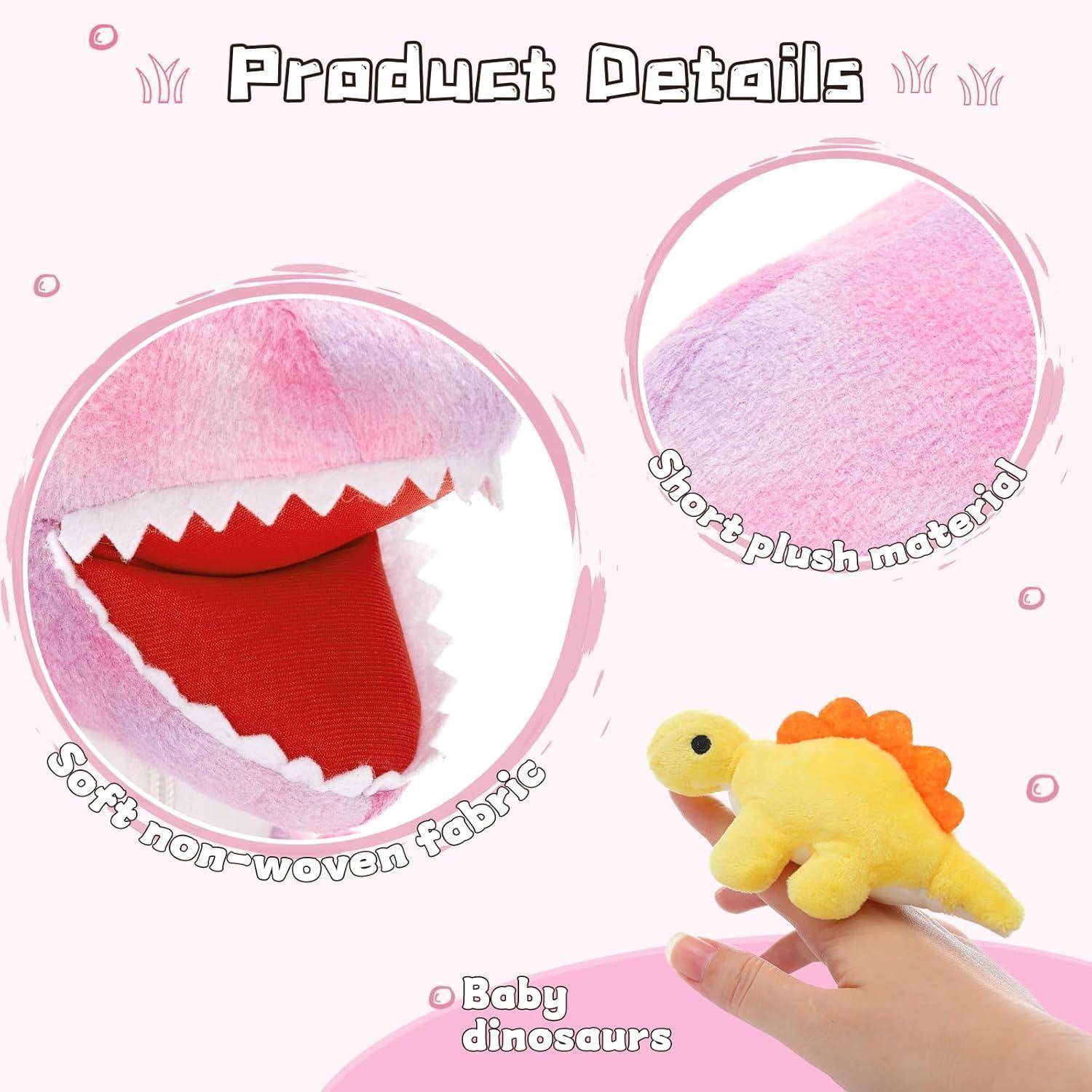 Produktdetails-Grafik für ein weiches Dinosaurier-Plüschtier für Babys, das weiches Vliesstoff, kurzes Plüschmaterial und einen kleinen gelben Dinosaurier zeigt, der in einer Hand gehalten wird.