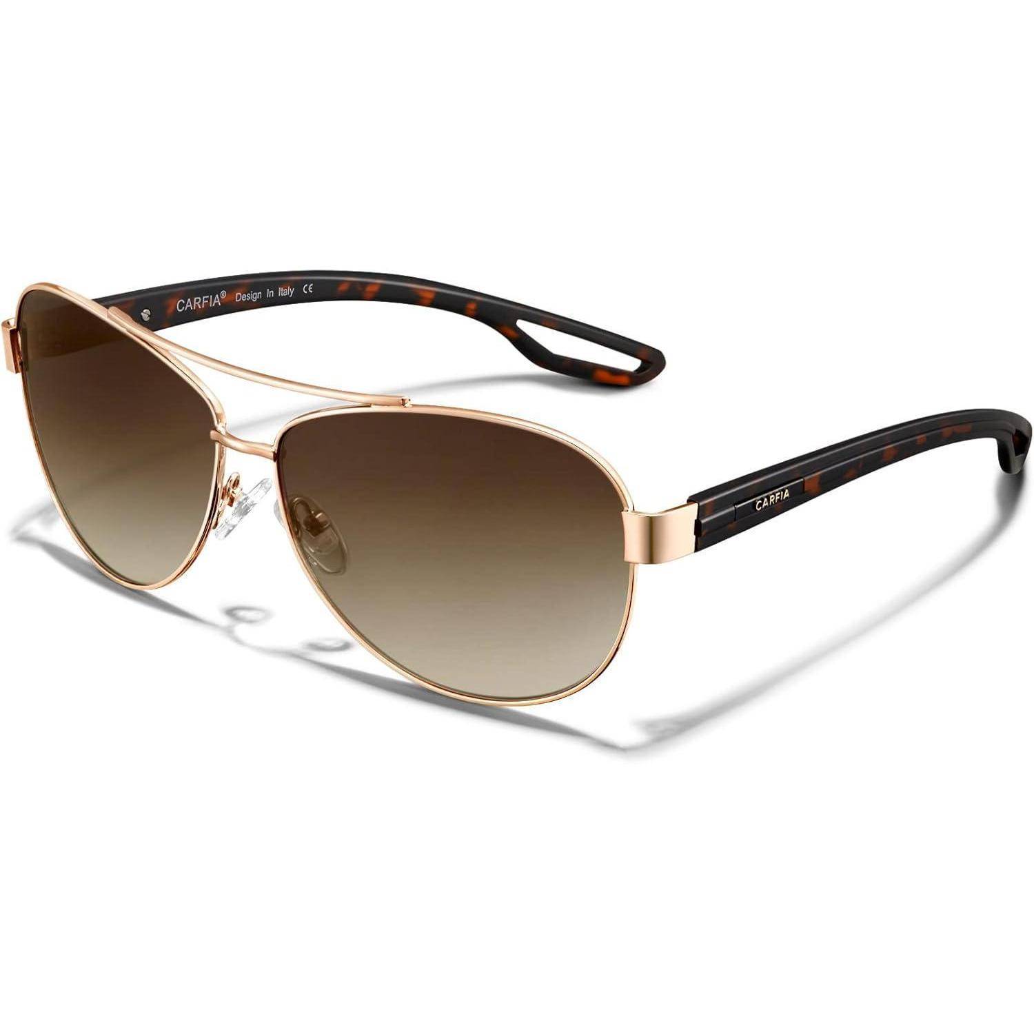 Sonnenbrille im Aviator-Stil mit goldenem Rahmen, braunen Verlaufsgläsern und dunkelbraunem Schildpatt-Bügel auf weißem Hintergrund.