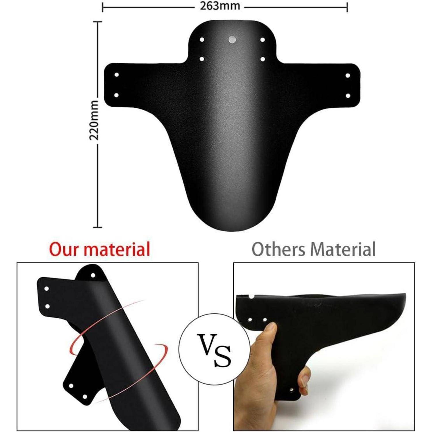 Produktvergleichsgrafik eines schwarzen Motorradfenders: oben zeigt Abmessungen von 263 mm Breite und 220 mm Länge; unten vergleicht „Unser Material" versus „Material anderer"", mit einem robuster aussehenden Teil versus einem flexibel in der Hand gehaltenen.