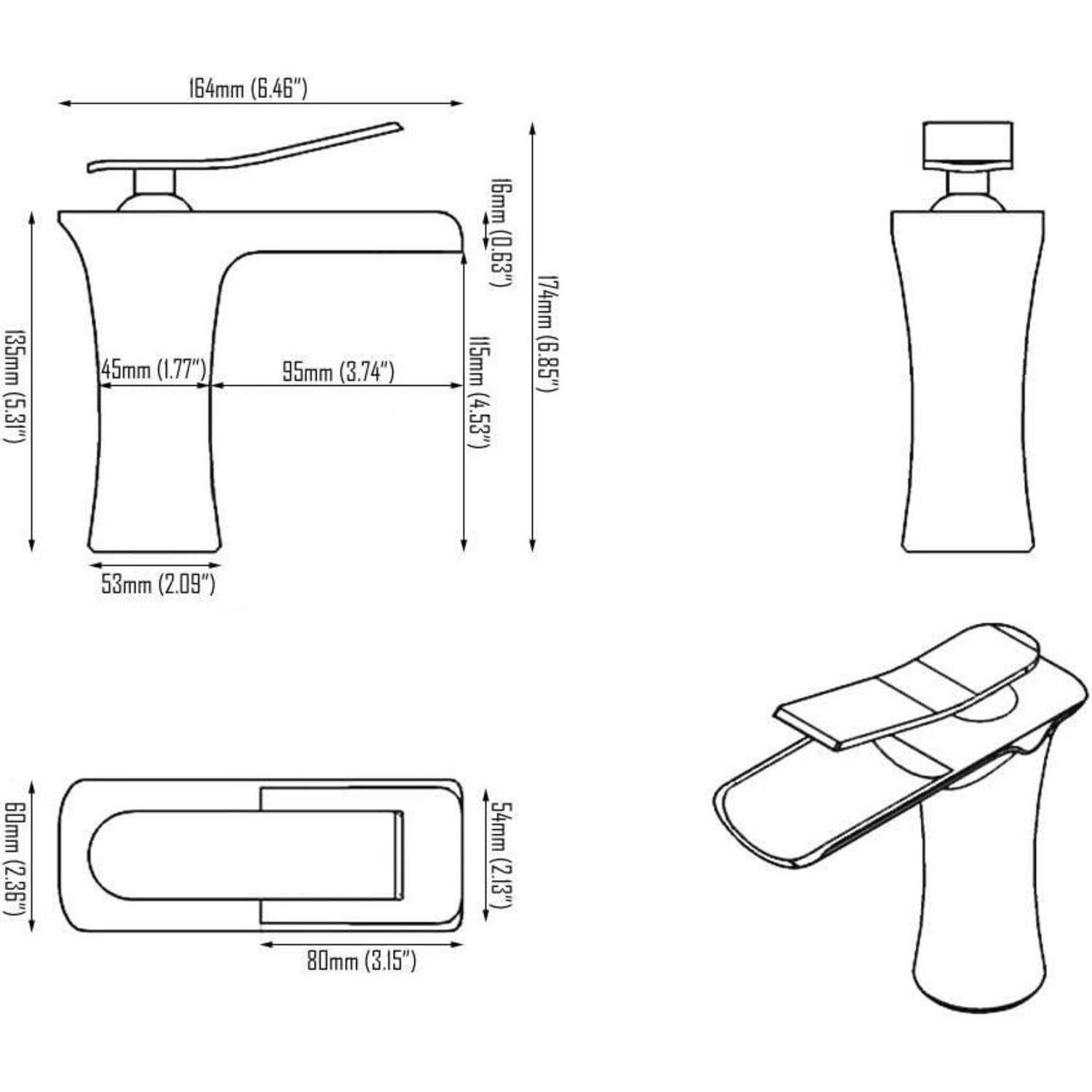Technische Zeichnung einer Pumpzerstäuberflasche mit Vorder-, Seiten-, Draufsicht und schrägem Blickwinkel mit Abmessungen in Millimetern und Zoll.