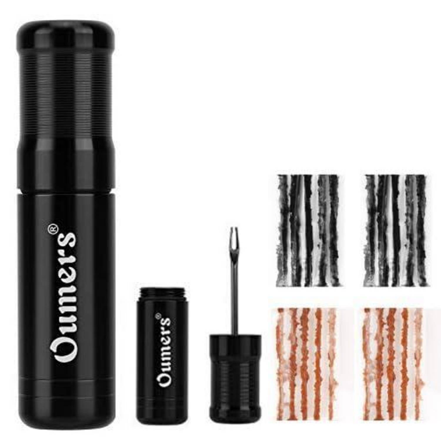 Schwarze Oumier-Mascara-Set mit großem Behälter, Mini-Behälter, Applikator-Stab und vier Farbmustern, die schwarze und braune Formeln auf Wimpern zeigen.