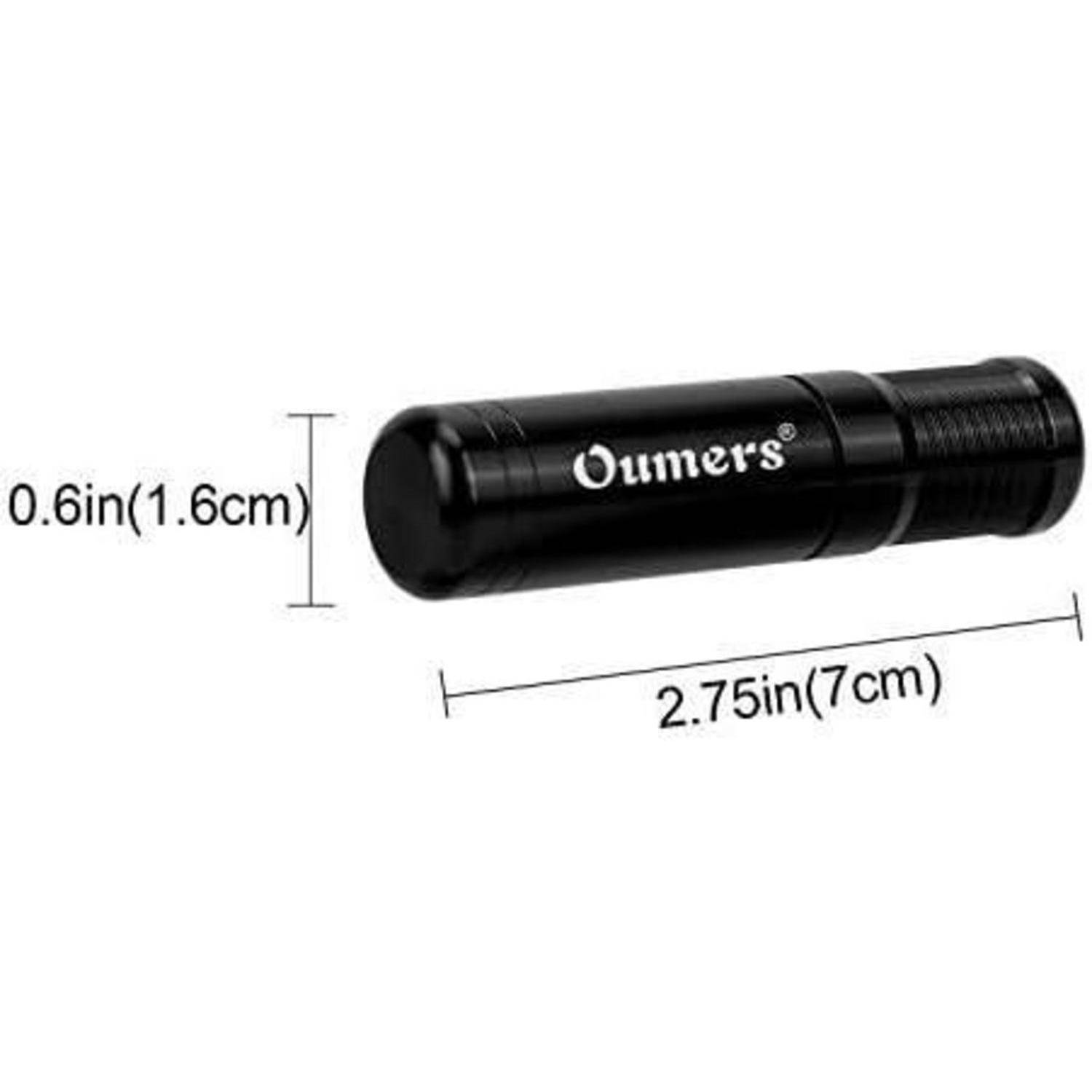 Schwarzes zylindrisches Oumers-Gerät mit Größenetiketten: 2,75 Zoll (7 cm) lang und 0,6 Zoll (1,6 cm) breit.