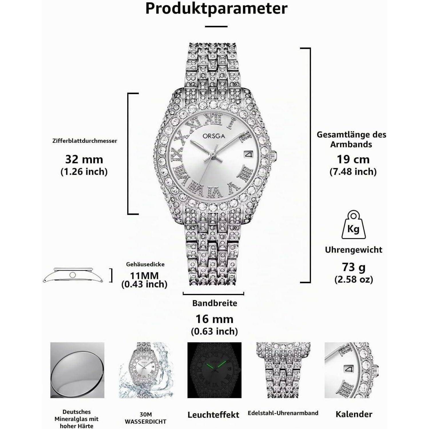 Produktparameter für eine silberne Schmuckarmbanduhr: 32 mm Zifferblatt, 11 mm Gehäuse, 16 mm Armband, 19 cm Gesamtlänge, 73 g, 30 m Wasserdichtigkeit, Leucht- und Kalenderfunktion.