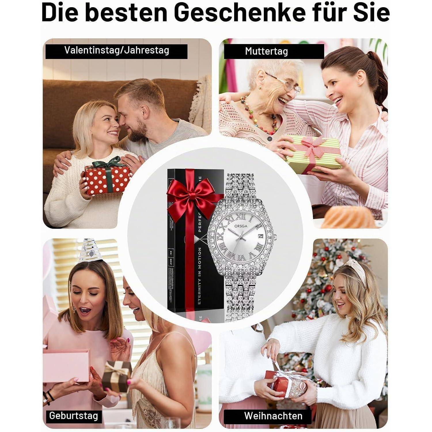 Deutscher Geschenkführer-Collage mit Paaren, Mutter und Tochter, Geburtstags- und Weihnachtsgeschenkgeben, mit einer geschmückten Armbanduhr als Hauptprodukt.
