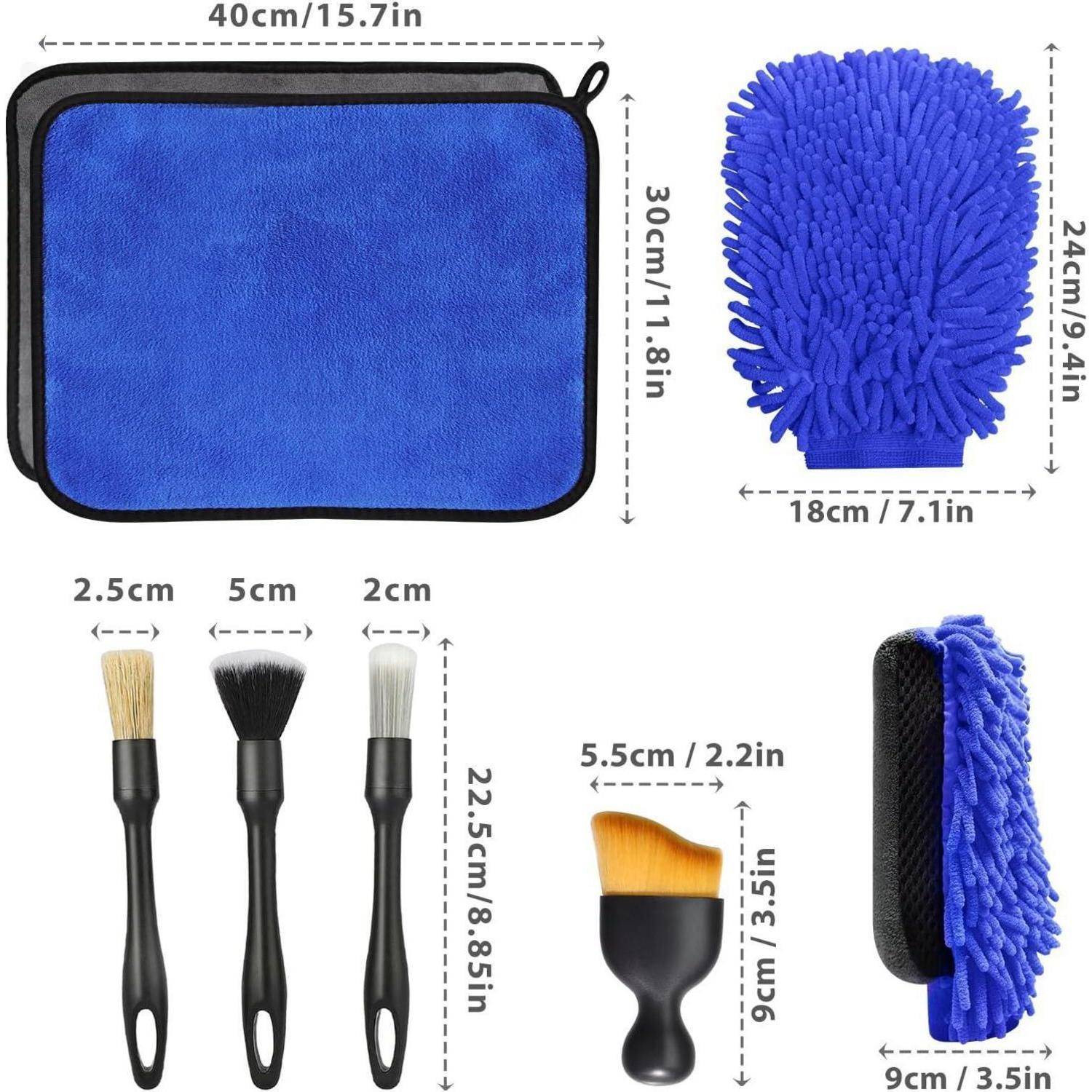 Blauer Autowäsche-Handschuh, Mikrofaser-Handtuch, drei Detaillierungsbürsten und eine kleine Applikatorbürste, jeweils mit Abmessungen dargestellt.