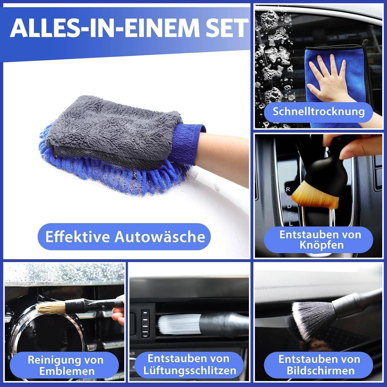 Deutsches Werbeplakat für ein Autopflege-Set mit Mikrofaser-Waschhandschuh und Anwendungen zum schnellen Trocknen, Reinigung von Emblemen, Lüftungsschlitzen, Knöpfen und Bildschirmen.