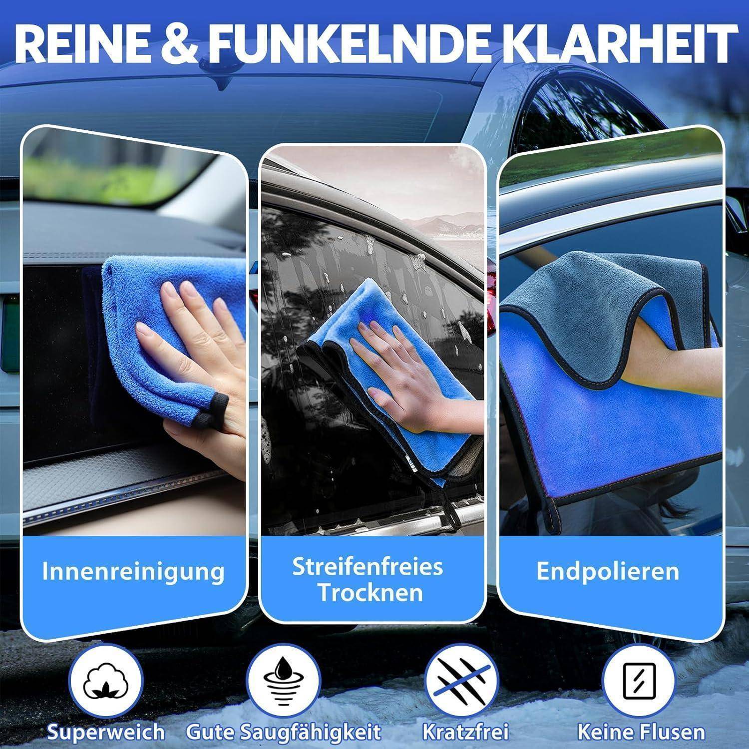 Werbegrafik für ein Mikrofasertuch, das Hände beim Reinigen eines Autofensters in drei Schritten zeigt: Innenreinigung, streifenfreies Trocknen und abschließendes Polieren, mit Ansprüchen auf Weichheit, Saugfähigkeit, kratzerfreie und fusselfreie Eigenschaften.