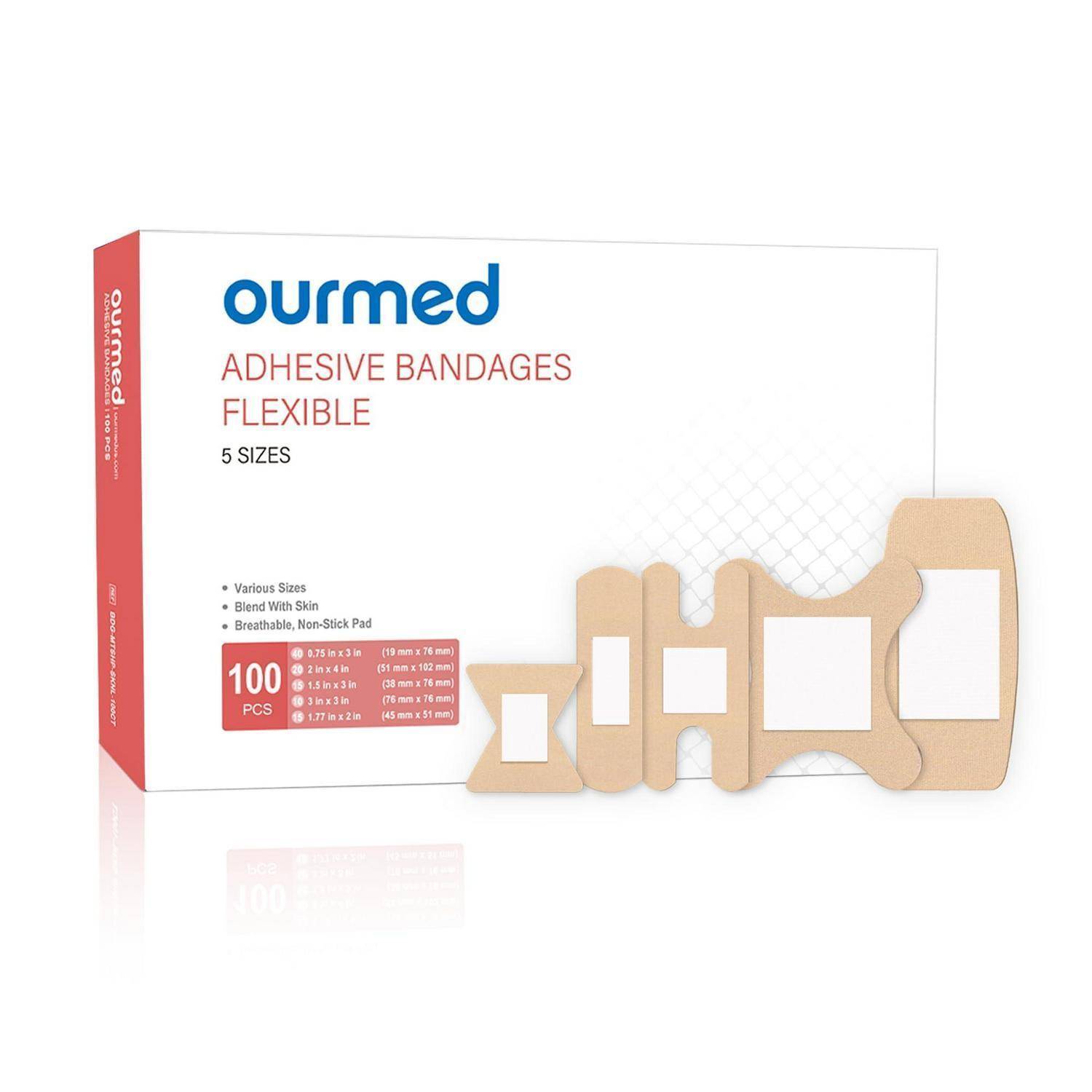 Schachtel Ourmed flexible Haftpflaster, 5 Größen, mit assortierter beiger Pflasterformen vorne angezeigt und „100 STK