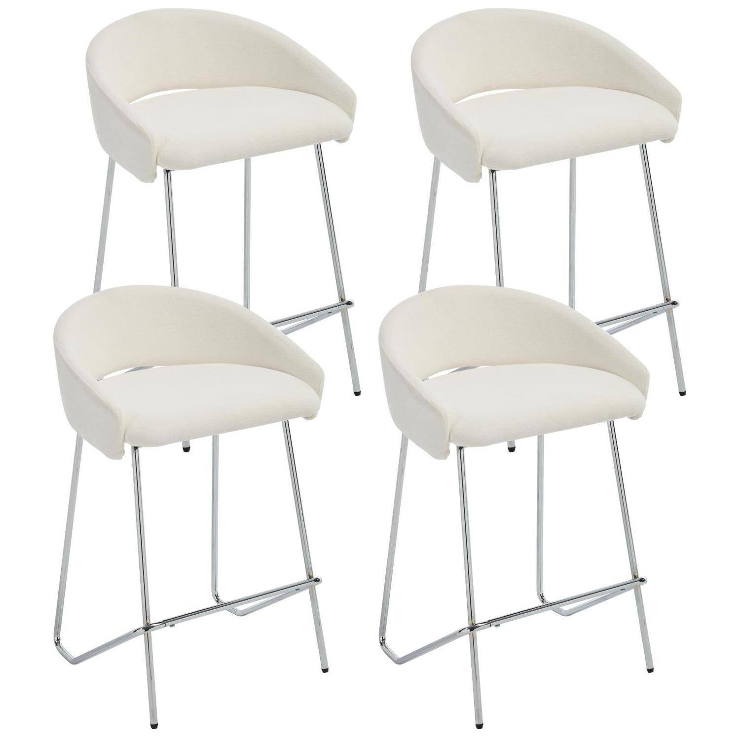 Vier moderne Barhocker aus Creme und Chrom mit gebogenen gepolsterten Sitzen, gezeigt in einem Studio-Produktbild.