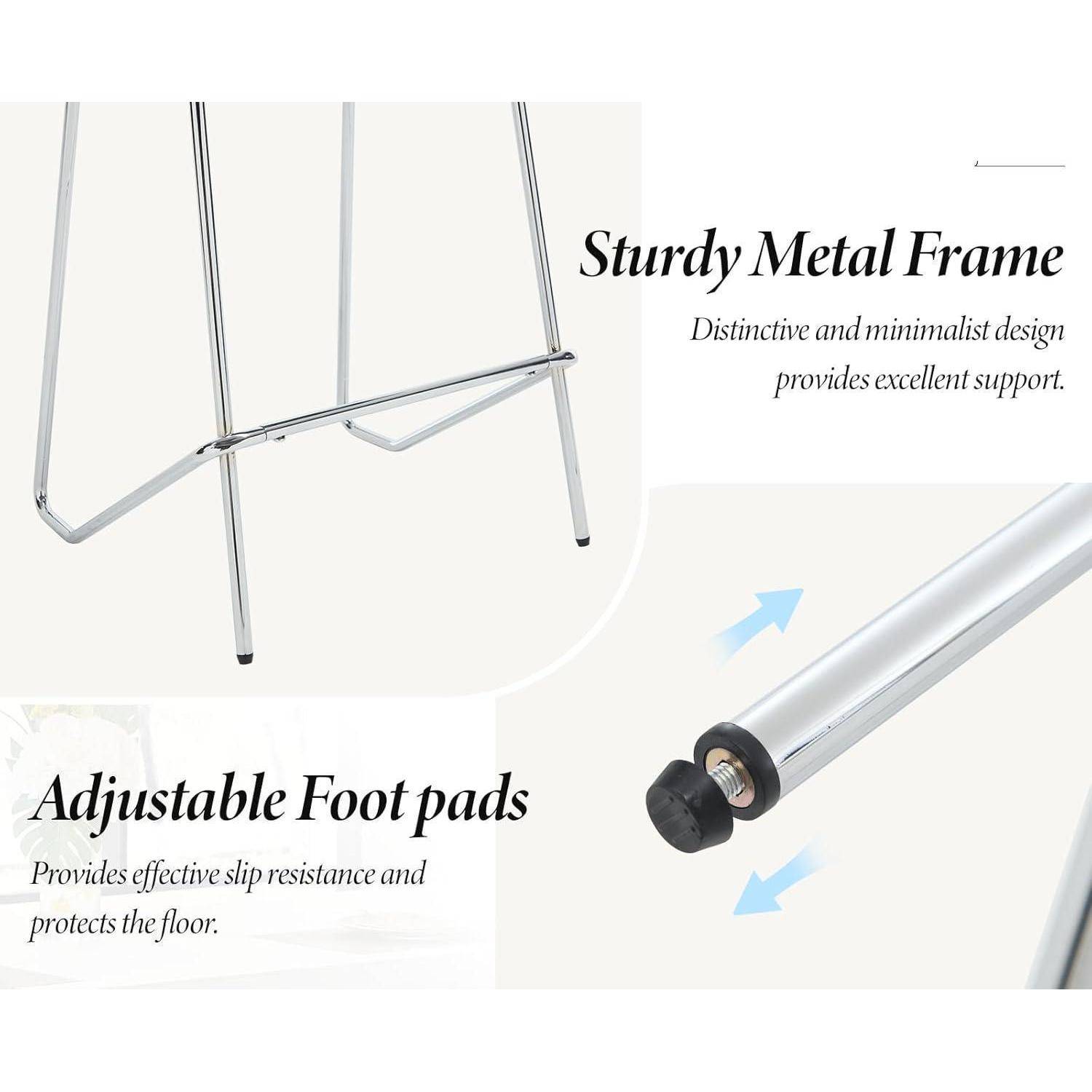 Produktgrafik mit einem Metallständerrahmen mit verstellbaren Fußpolstern, die stabilen Halt, minimalistisches Design und bodenschützende, rutschfeste Füße hervorheben.