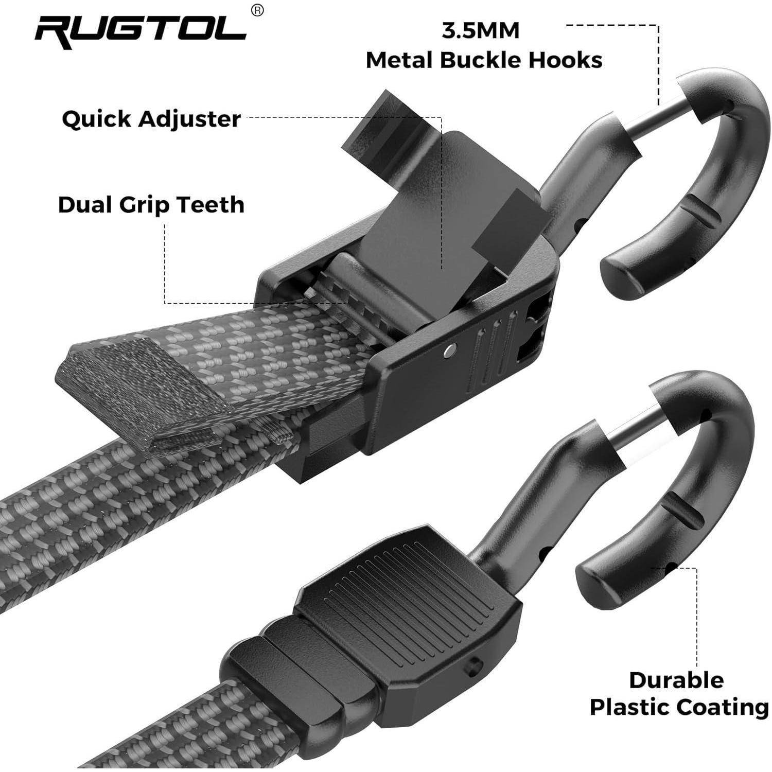 Rugtol Verstellbar Spanngummi mit Haken, 200cm Expander mit Schnellverschluss-Schnalle und Metallhaken 6er Set, Flach Gepäckspanner Schwarz, Extra