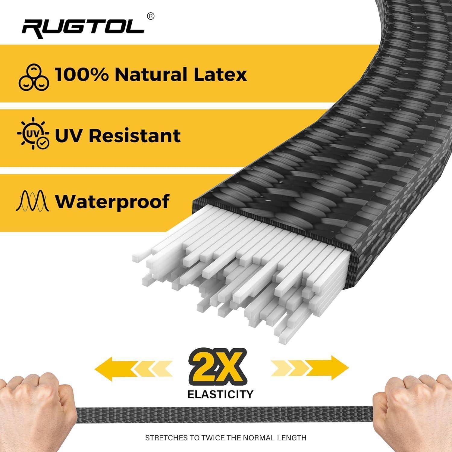 RUGTOL-Kabelabbildung, die 100% natürliches Latex, UV-beständig und wasserfest zeigt, mit 2X-Elastizität und Händen, die das Kabel auf die doppelte Länge dehnen.
